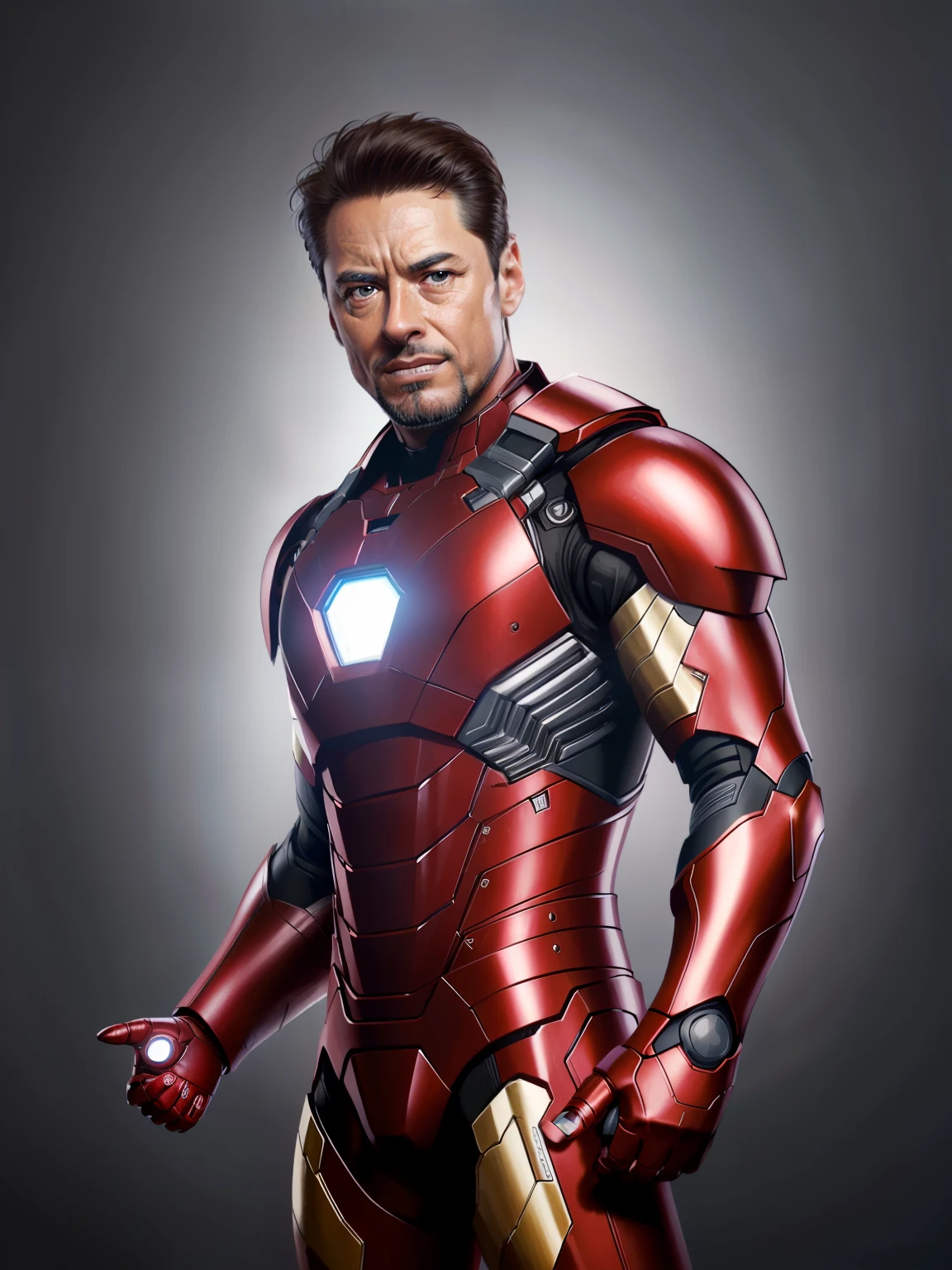 Marvel, Tony Stark,com armadura iron man,(capacetesem realisticamente, dynamic lights, velho, barba por fazer cinza, filmagem completa, (papel de parede 8k extremamente detalhado da unidade CG), trending on ArtStation, trend at CGSociety, alto detalhe, foco nítido, dramatic, fotorrealista