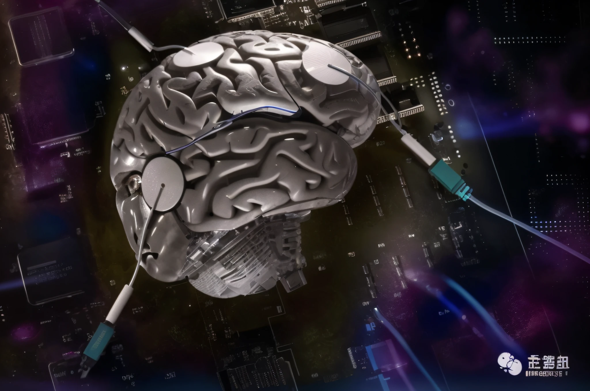 There's a computer brain inside, Medical dissection of the brain, brain connected to computer, a cpu with human brains, neuromorphic chip, metal brain, brain interface, neurochip, brain computer interface, circuitry visible in head, neural machine, neuro, Solid brain!!, neuro, matte painting of human mind, strong artificial intelligence，medicine