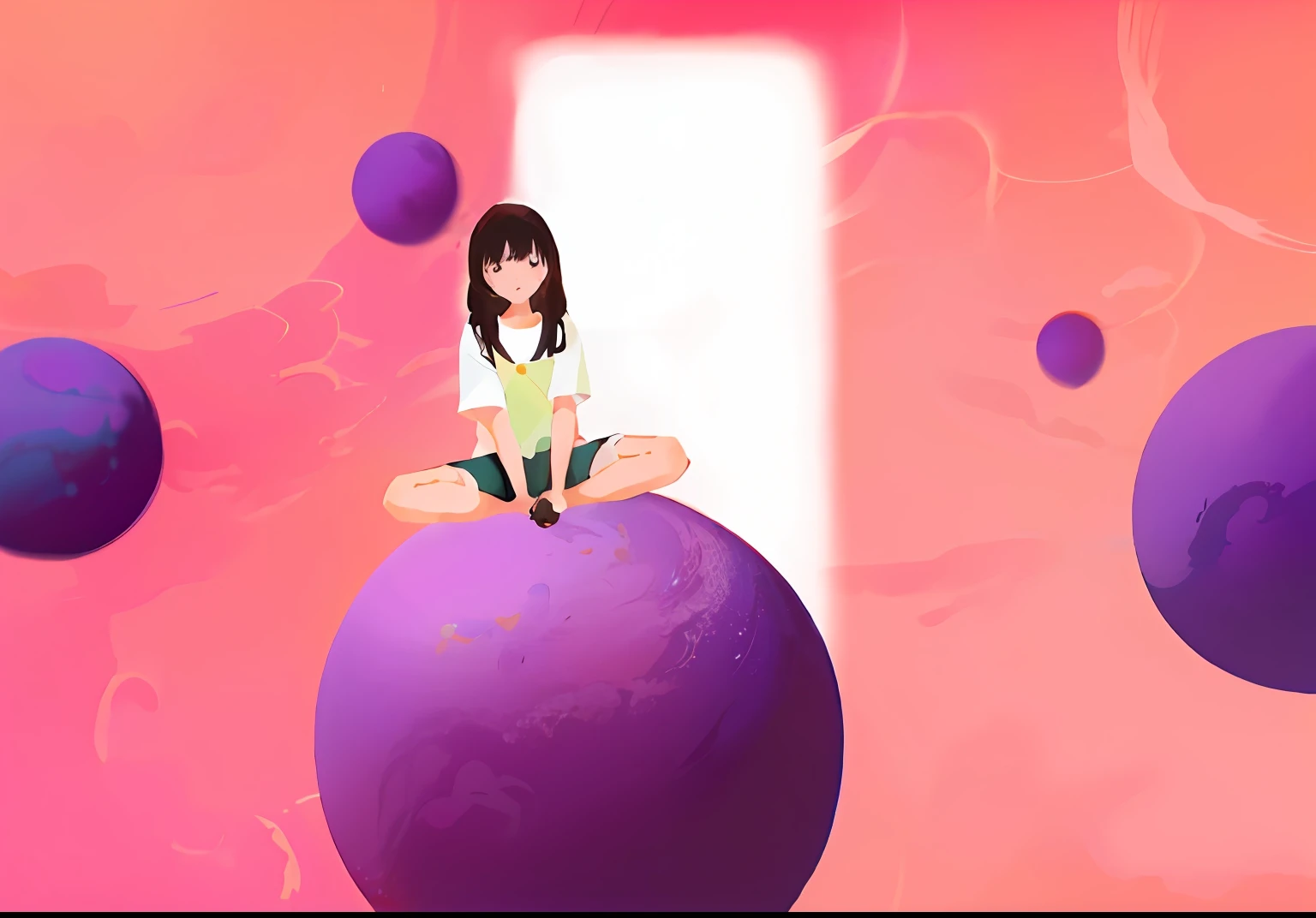 There was a girl sitting on a ball, Woman sitting in space, Soft anime illustration, sitting on a moon, floating beside planets, the anime girl is crouching, serene illustration, inspired by Chiho Aoshima, 2. 5 d illus, sitting on the cosmic cloudscape, [ Floating ]!!, beautiful anime girl crouching