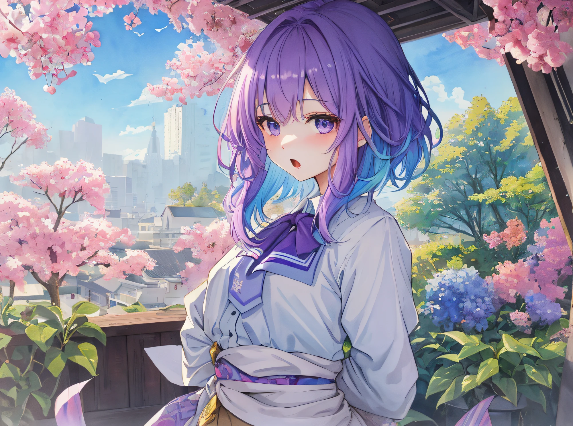 hyper detailed illustration ,superfine illustration, ((((masterpiece)))), High quality, very_high_resolution, Large_filesize, fulcolor ,Very cute and beautiful girl,Very cute and beautiful anime face and eyes, Very delicate eyes,eye shadow,Female, 年轻,20 years old, Medium Hair, Solo, 1 girl, pale skin , ((Waist to head)), multicolored hair、Purple and light blue hair、cute school uniform、((yawns))、 small tits, (((arms behind back))), watercolor paiting、Beautiful background、Fantastic background、On the rooftop