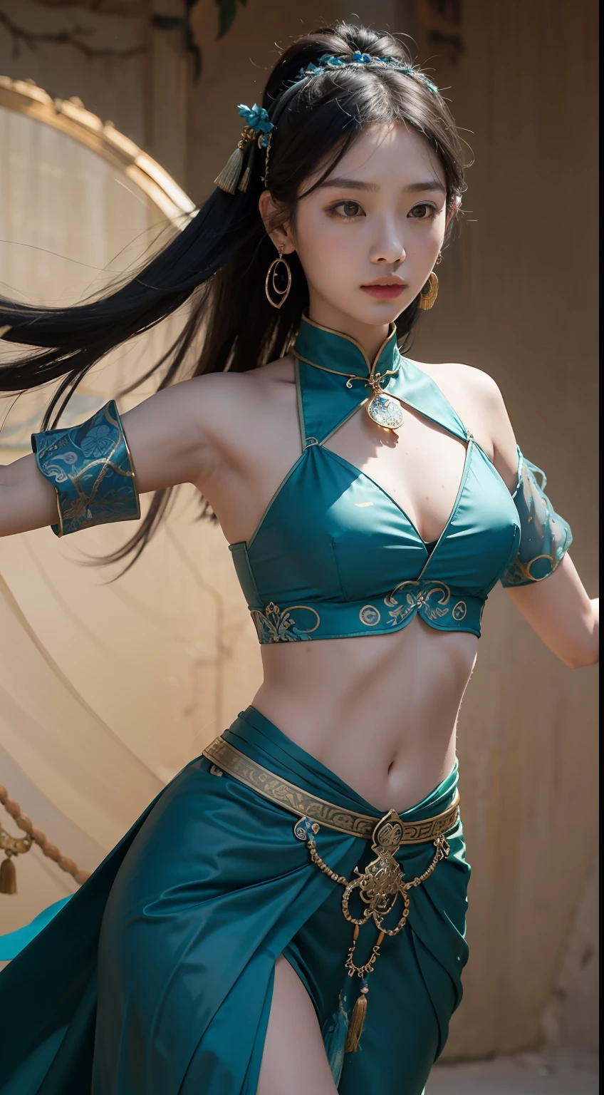 An ancient Chinese beauty,dance,The ornate costumes are embroidered with intricate embroidery,A long transparent colored streamer is tied around the arm,flowy,Open navel,cropped shoulders,Bare neck,Yingluo,Black coiled hair bun hairpin hairband,The armband is tied with a streamer,Bracelet,Anklets,A metal chain tassel is tied around the waist,Mogao Cave Art,Inspiration for the Dunhuang flying mural,water ink,CGstation is popular ,nsfw --v 6