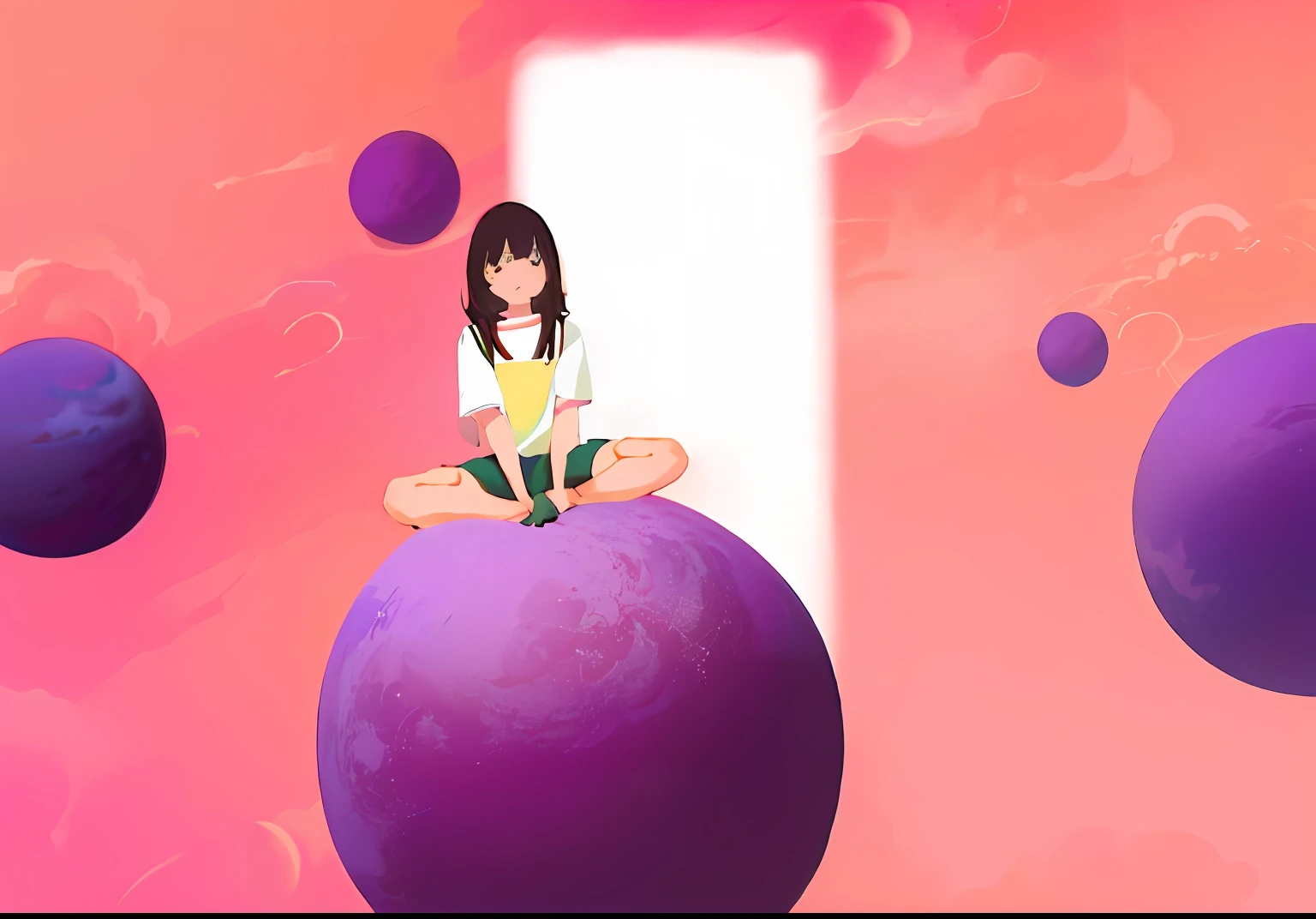 There was a girl sitting on a ball, Woman sitting in space, Soft anime illustration, sitting on a moon, floating beside planets, the anime girl is crouching, serene illustration, inspired by Chiho Aoshima, 2. 5 d illus, sitting on the cosmic cloudscape, [ Floating ]!!, beautiful anime girl crouching