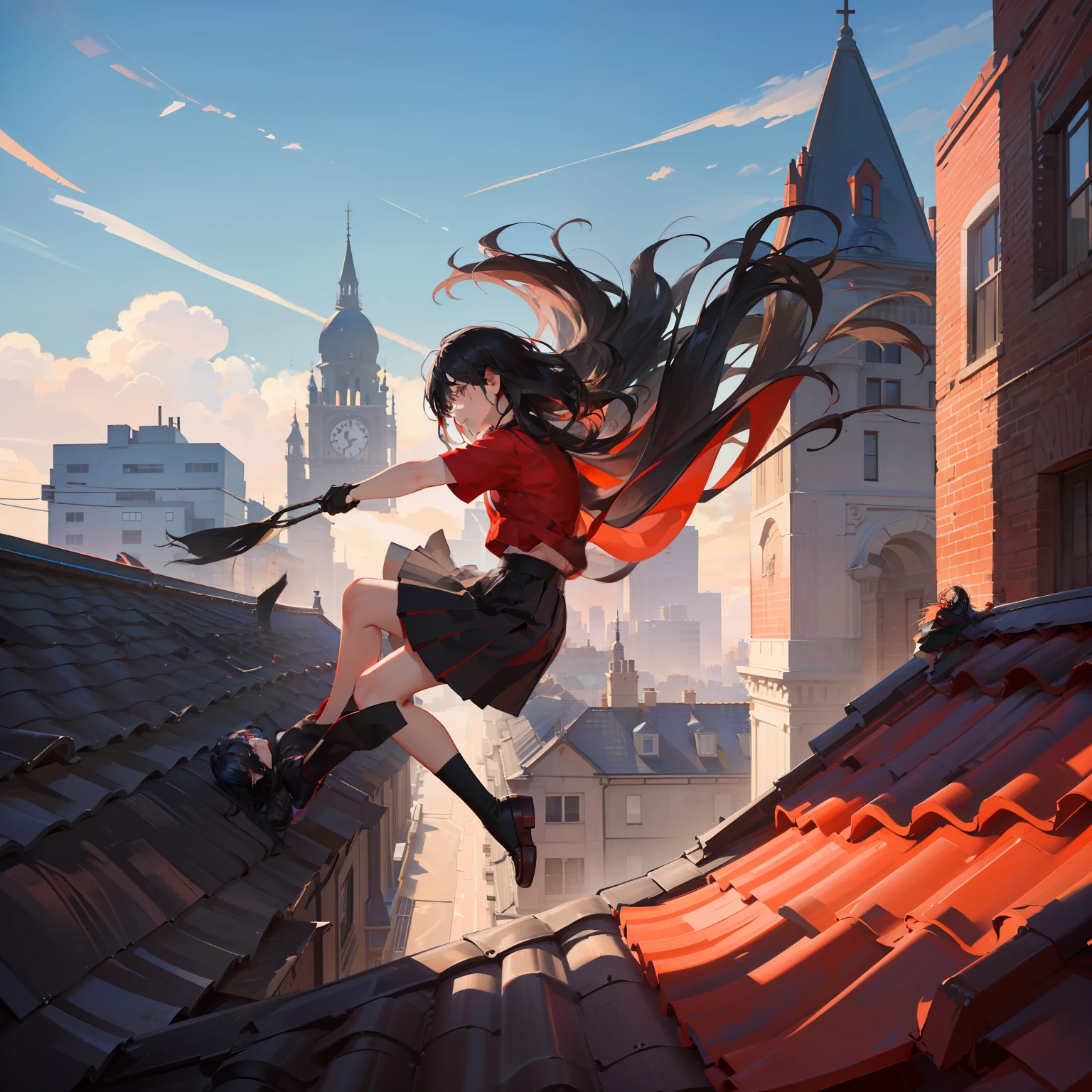 masterpiece、hightquality、vivd colour、(((Long Black Hair)))、(((Red Shirt)))、(((a black skirt)))、(((On the roof of a building)))、(((Falling off a building)))