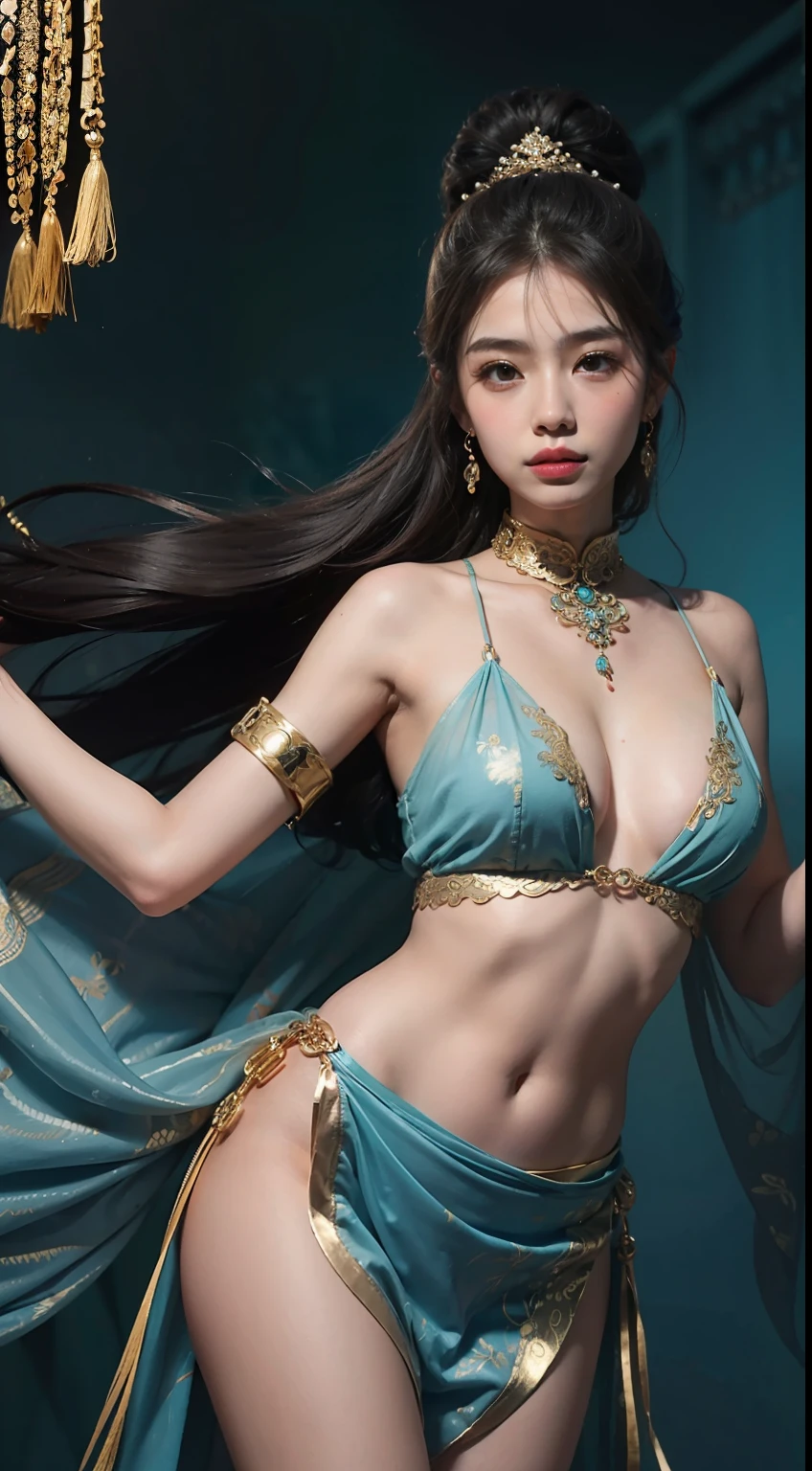 An ancient Chinese beauty,Dance,The ornate costumes are embroidered with intricate embroidery,A long transparent colored streamer is tied around the arm,flowy,Open navel,cropped shoulders,Bare neck,Yingluo,Black coiled hair bun hairpin hairband,The armband is tied with a streamer,Bracelet,Anklets,A metal chain tassel is tied around the waist,Mogao Cave Art,Inspiration for the Dunhuang flying mural,water ink,CGstation is popular ,NSFW ,Golden decoration,nipple tassels,Show your toes --v 6