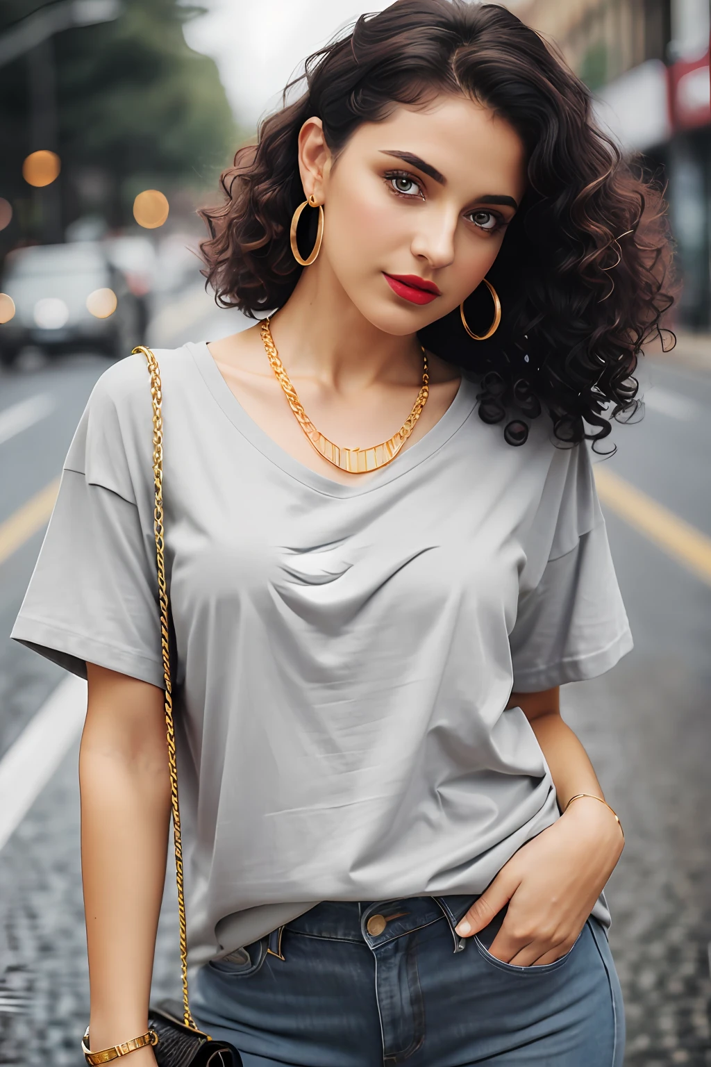 (RAW photo, realism: 1.8), (dark lip gloss, light red lipstick, many eyelashes, black eye shadow, shy, blushing, high quality, high resolution, depth of field, chromatic aberration, caustic, wide light, natural colors, 25 year old woman), thin gold chain, small earrings, gold bracelets, wear many accessories, large breasts, style A good woman,
((Best Quality, 8k, Masterpiece:1.3)), Focus: 1.2, Perfect Body Beauty: 1.4, Arabian 25 years old woman: 1.2, ((Bob cut curly Hairs)), (steel gray baggy basic tee-shirt:1.1), Steel gray basic full body length tee-shirt, grey skinny damage jeans, long jeans: 1.1, Highly detailed face and skin texture, Detailed eyes, Double eyelids, toned body, Whitened skin, minor smile, large breasts, toned legs, beautiful detailed feets, long heel's, detailed feets and fingers, perfect feet's, toned legs, whitened skin, detailed sharp eyes and face, middle eastern woman, steel gray baggy basic tee-shirt, simple plain Baggy Tee-shirt, toned hips, 8K UHD, thin gold chain in neck, model looks, standing at carrying brown leather hand bag, rainy weather, wearing wrist watch, bracelet, bangle's open legs style Posing, rainy day, rainy atmosphere, night life, roads and traffic, standing at street side, traffic rush, buses