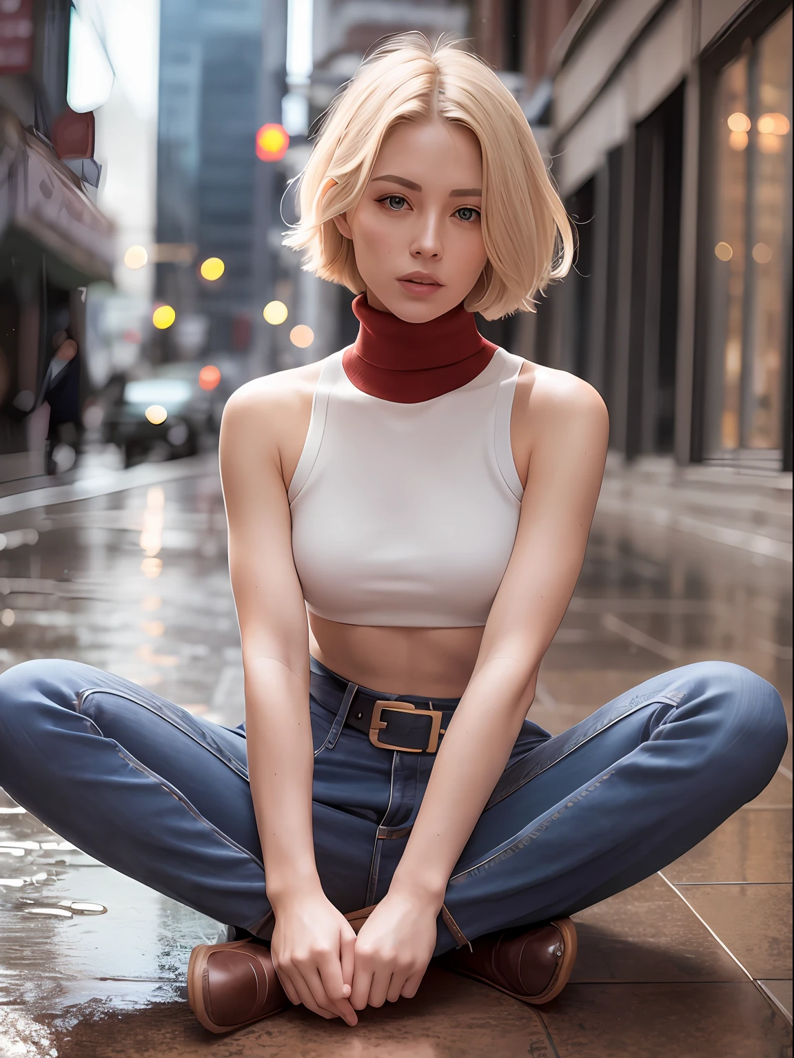 maryms, Best Quality, (beauty), 1girl, short hair, blonde hair, phisically-based render ,ultra highres, narrow waist, skinny, turtleneck, red, (red turtleneck:1.2), baggy pants, taut clothes, jacket, muscular, cut abs, blue eyes, long legs, jeans, leather belt, small breasts, puffy eyes, leather belt, (rainy city), shiny skin, sit on the floor, spread legs, detailed face, detailed eyes, european youth