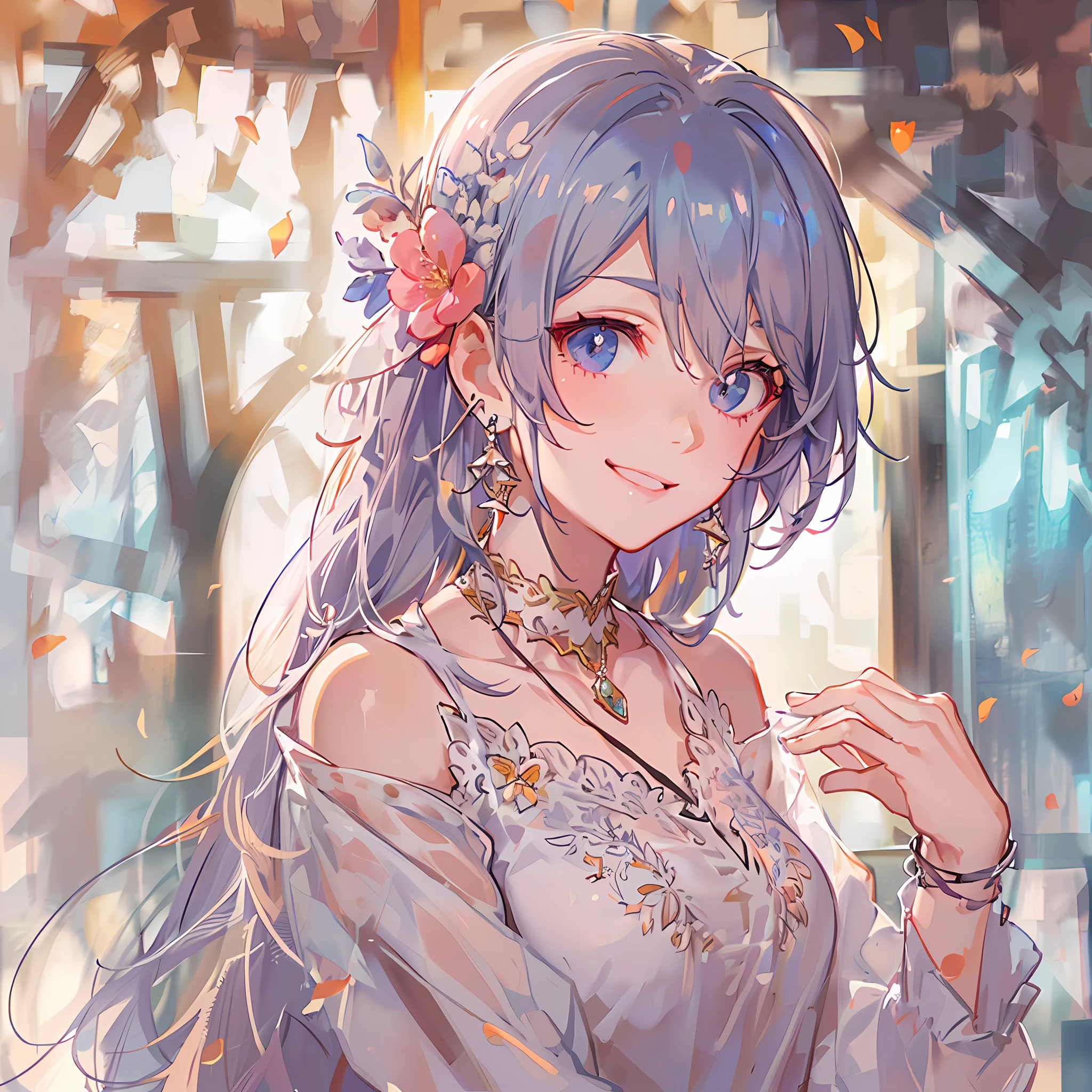 multicolored hair, hair over shoulder, hair spread out, jewelry, mole under eye, color contact lenses, earrings, smile, anime, Romanticism, Ghibli-like colours, anime style, backlighting, bloom, Fujicolor, Canon, UHD, masterpiece, anatomically correct, best quality, textured skin