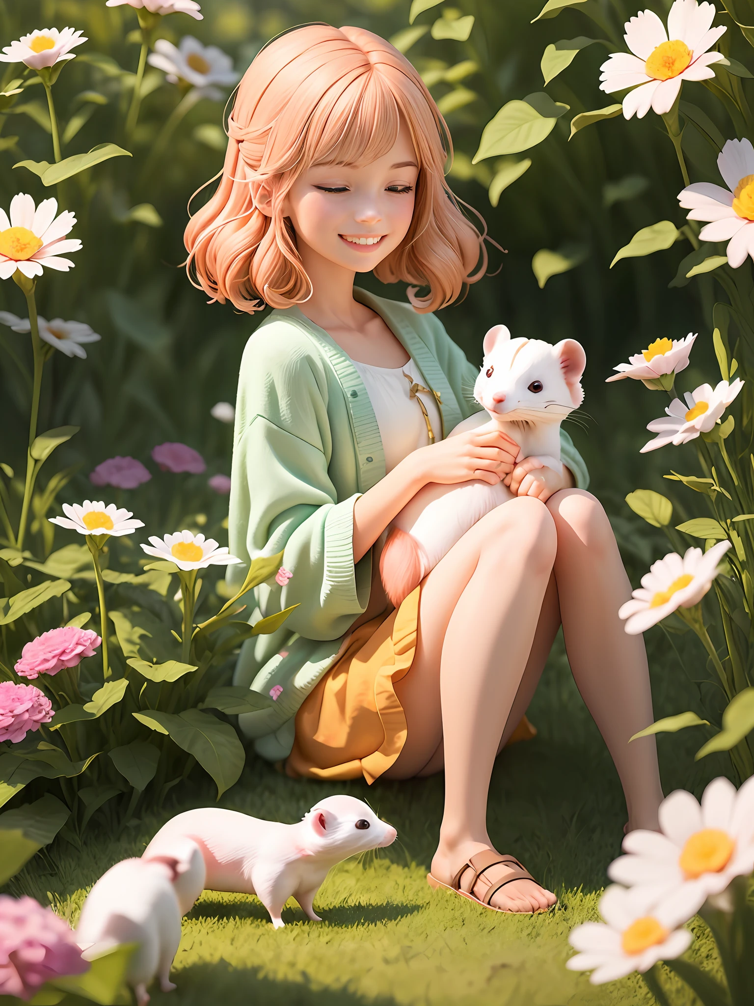 Describe a scene where a girl with chestnut-colored hair is sitting gracefully in a flower field, holding a small white ferret. She has a gentle smile on her face as she admires the surrounding flowers, enjoying a peaceful moment with the little ferret. The background is filled with vibrant blooms, and a gentle breeze adds to the pleasant atmosphere.