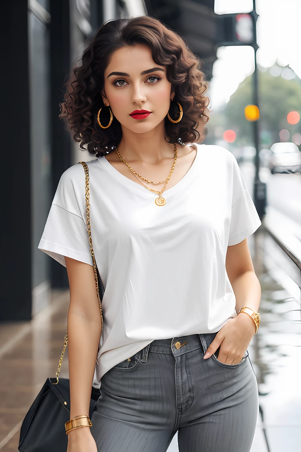 (RAW photo, realism: 1.8), (dark lip gloss, light red lipstick, many eyelashes, black eye shadow, shy, blushing, high quality, high resolution, depth of field, chromatic aberration, caustic, wide light, natural colors, 25 year old woman), thin gold chain, small earrings, gold bracelets, wear many accessories, large breasts, style A good woman,
((Best Quality, 8k, Masterpiece:1.3)), Focus: 1.2, Perfect Body Beauty: 1.4, Arabian 25 years old woman: 1.2, ((Bob cut curly Hairs)), (steel gray baggy basic tee-shirt:1.1), Steel gray basic full body length tee-shirt, grey skinny damage jeans, long jeans: 1.1, Highly detailed face and skin texture, Detailed eyes, Double eyelids, toned body, Whitened skin, minor smile, large breasts, toned legs, beautiful detailed feets, long heel's, detailed feets and fingers, perfect feet's, toned legs, whitened skin, detailed sharp eyes and face, middle eastern woman, steel gray baggy basic tee-shirt, simple plain Baggy Tee-shirt, toned hips, 8K UHD, thin gold chain in neck, model looks, standing at carrying brown leather hand bag, rainy weather, wearing wrist watch, bracelet, bangle's open legs style Posing, rainy day, rainy atmosphere, night life, roads and traffic, standing at street side, traffic rush, buses