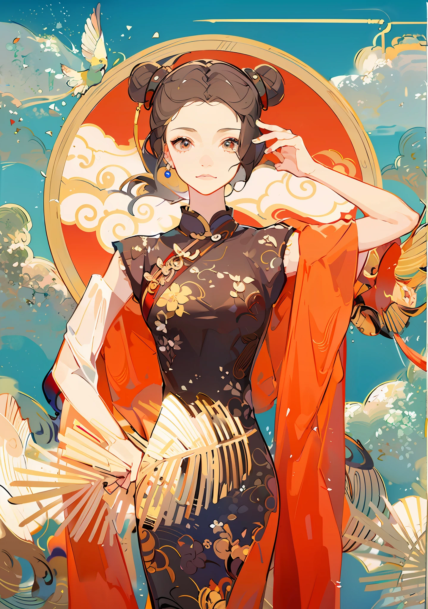 There was a woman in a red dress holding a fan, Inspired by Lan Ying, China Princess, Princesa chinesa antiga, Inspired by Qiu Ying, Palace , A girl in Hanfu, inspired by Xie Sun, inspired by Jin Nong, inspired by Park Hua, chinese empress, inspired by Xu Xi, Cheongsam, inspired by Lu Guang, an ancient Chinese goddess