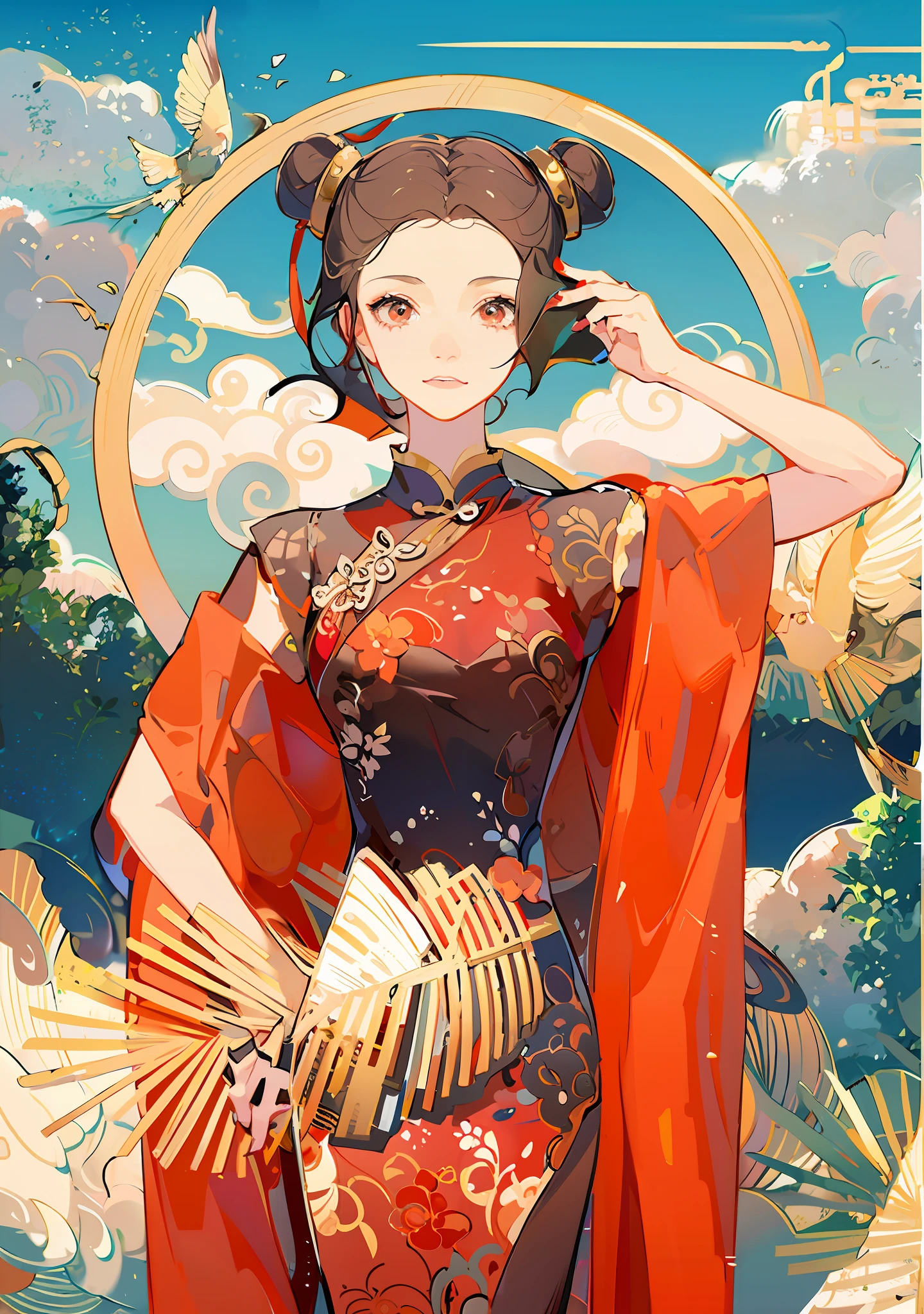There was a woman in a red dress holding a fan, Inspired by Lan Ying, China Princess, Princesa chinesa antiga, Inspired by Qiu Ying, Palace , A girl in Hanfu, inspired by Xie Sun, inspired by Jin Nong, inspired by Park Hua, chinese empress, inspired by Xu Xi, Cheongsam, inspired by Lu Guang, an ancient Chinese goddess
