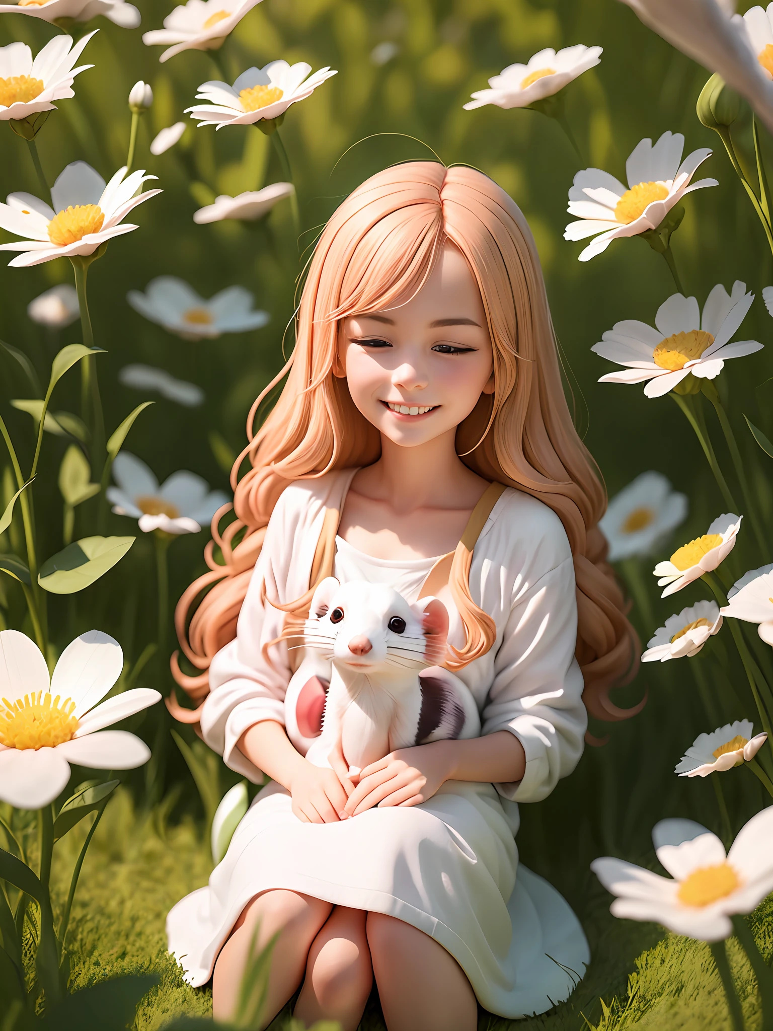 Describe a scene where a girl with chestnut-colored hair is sitting gracefully in a flower field, holding a small white ferret. She has a gentle smile on her face as she admires the surrounding flowers, enjoying a peaceful moment with the little ferret. The background is filled with vibrant blooms, and a gentle breeze adds to the pleasant atmosphere.