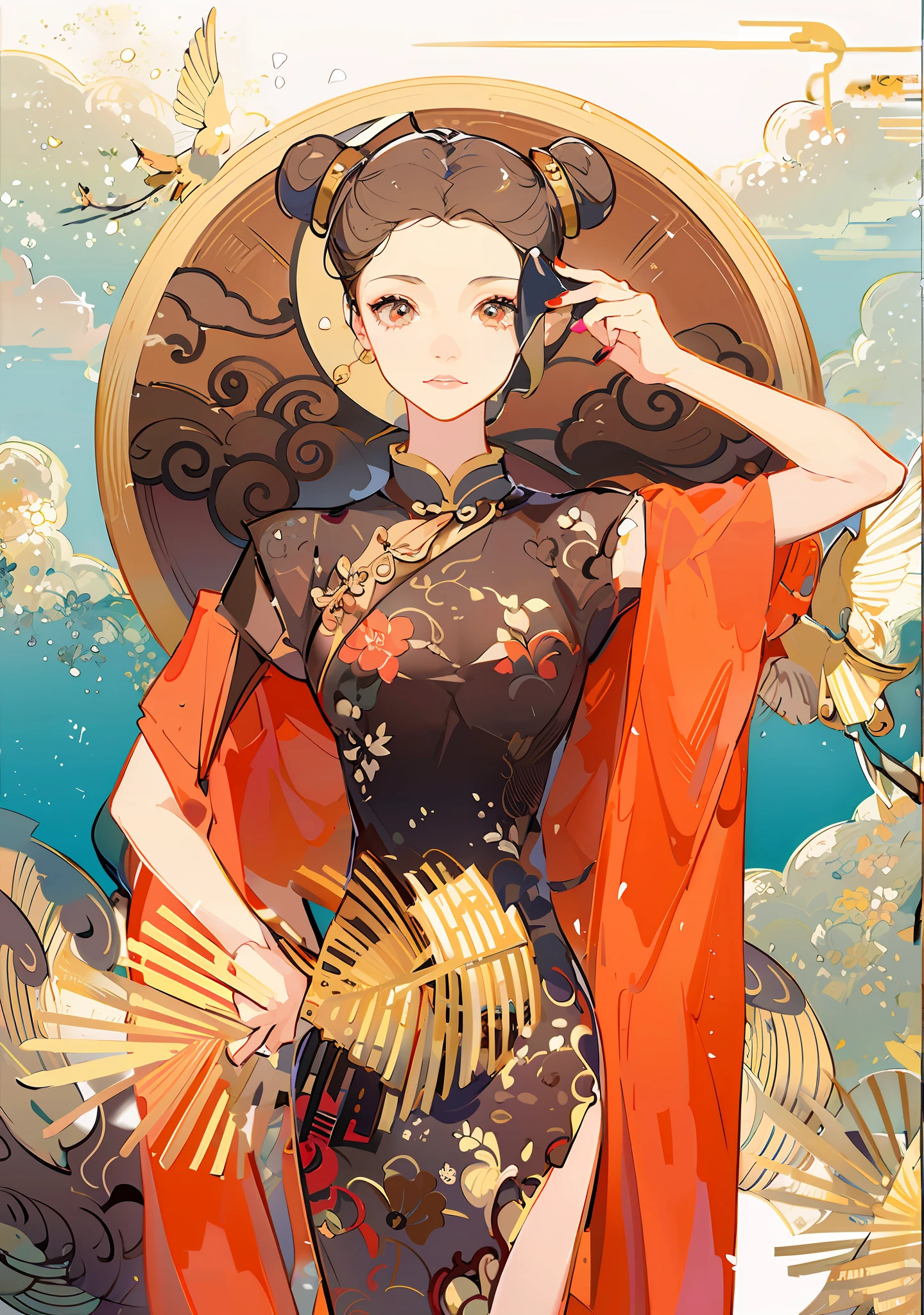There was a woman in a red dress holding a fan, Inspired by Lan Ying, China Princess, Princesa chinesa antiga, Inspired by Qiu Ying, Palace , A girl in Hanfu, inspired by Xie Sun, inspired by Jin Nong, inspired by Park Hua, chinese empress, inspired by Xu Xi, Cheongsam, inspired by Lu Guang, an ancient Chinese goddess