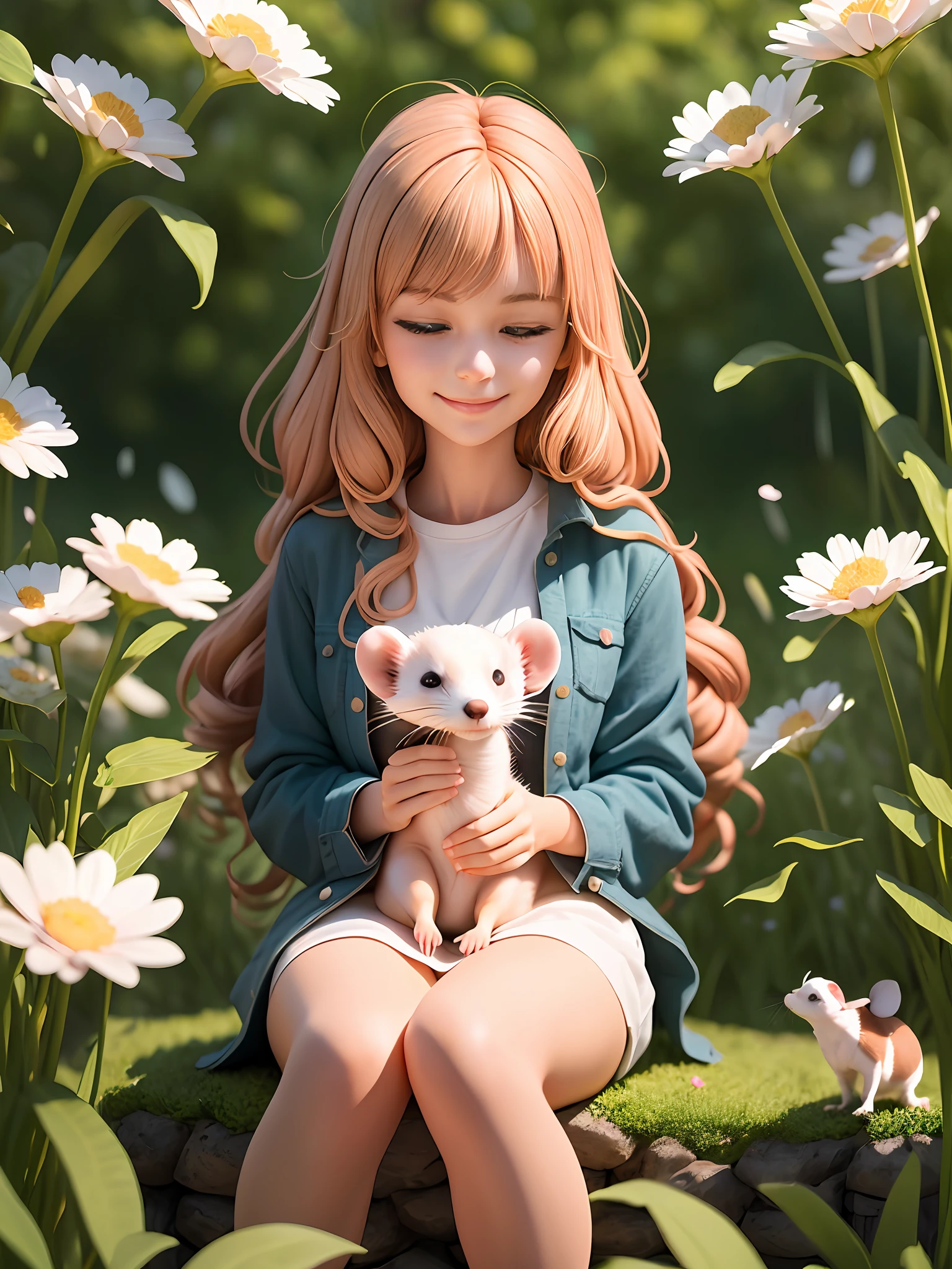 Describe a scene where a girl with chestnut-colored hair is sitting gracefully in a flower field, holding a small white ferret. She has a gentle smile on her face as she admires the surrounding flowers, enjoying a peaceful moment with the little ferret. The background is filled with vibrant blooms, and a gentle breeze adds to the pleasant atmosphere.