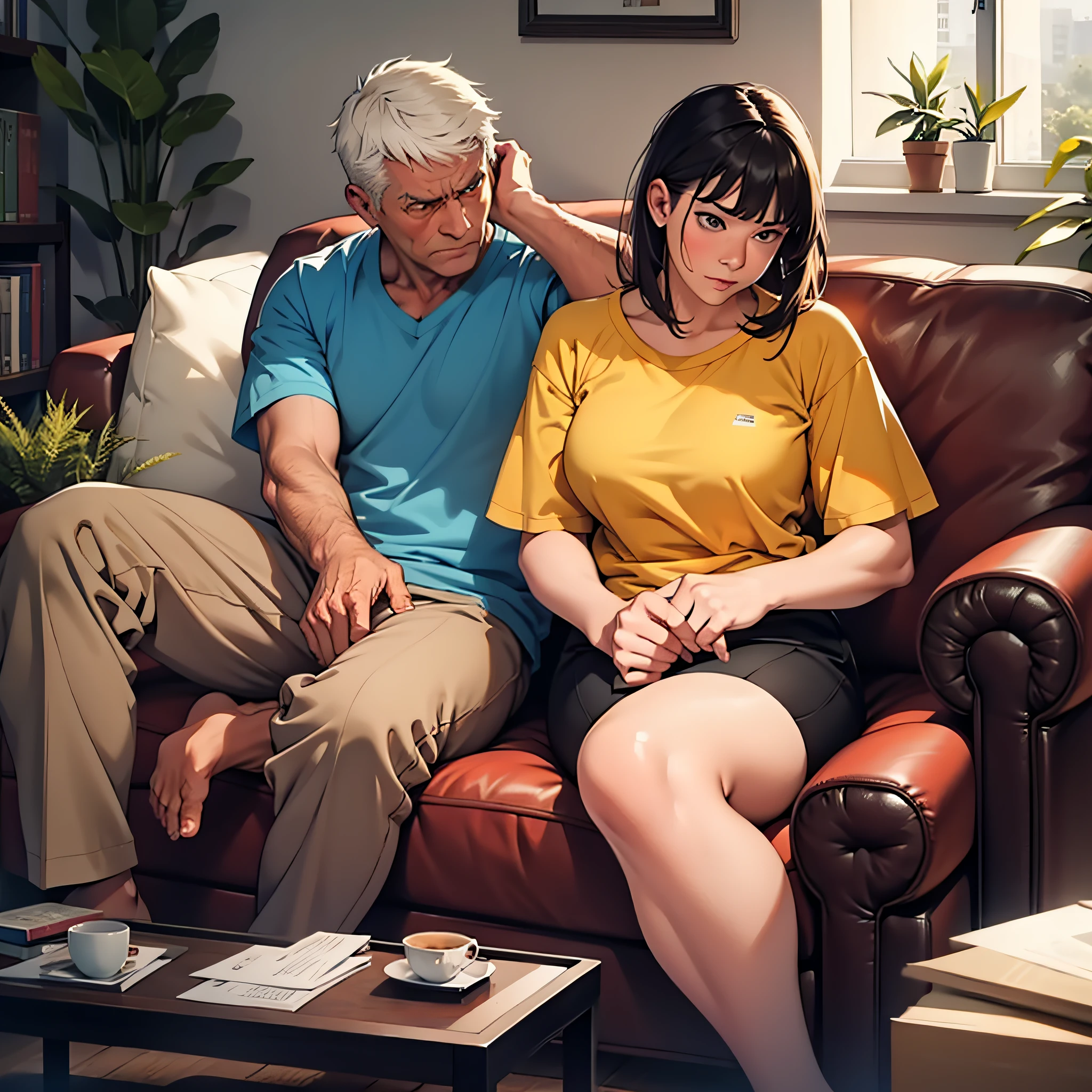 Middle-aged couple dissatisfied looking at the camera on the sofa