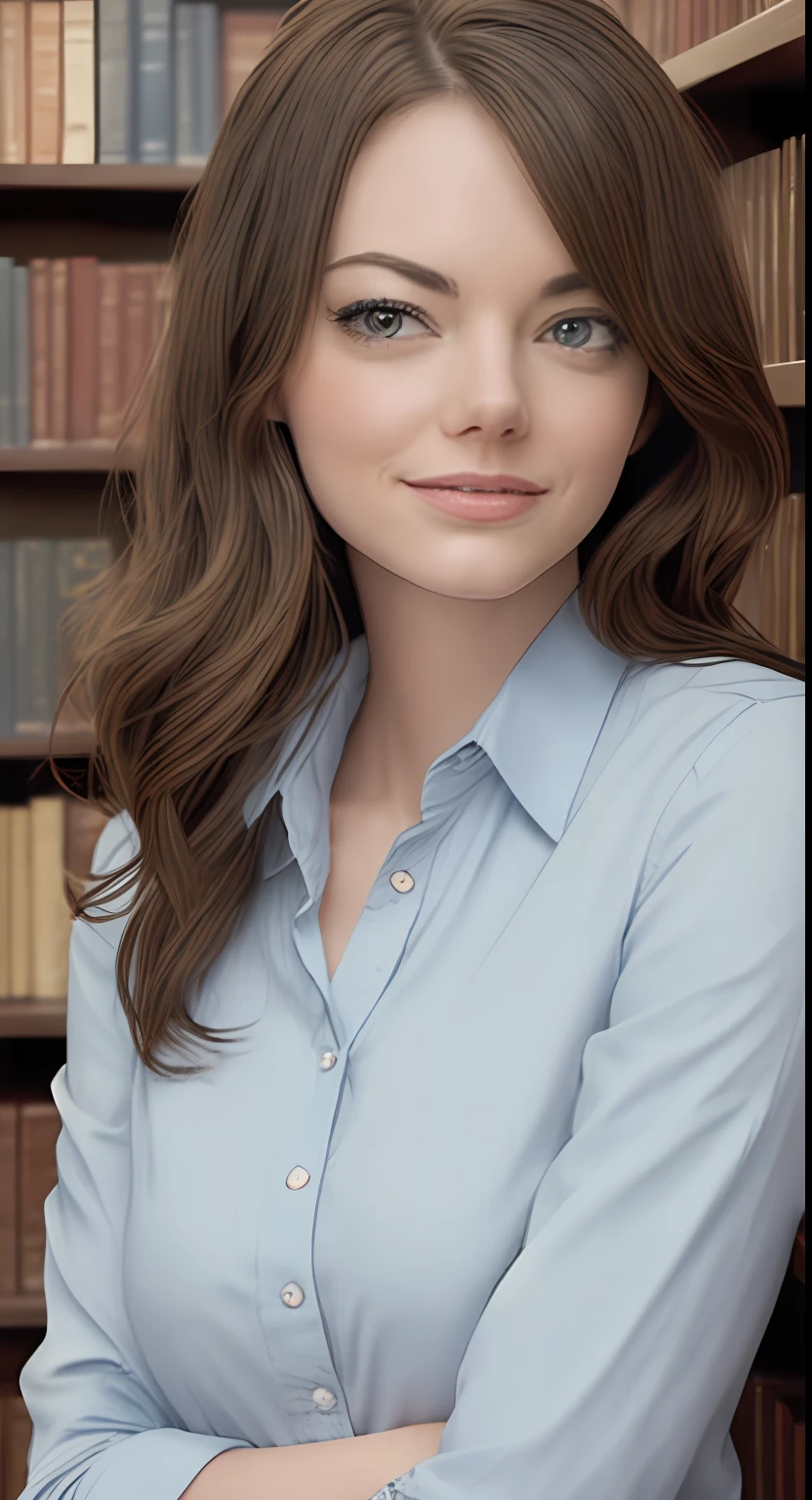woman 24YO face similar Emma Stone, brown hair, light blue shirt, jeans, Extra Detailed face in a library with bookshelves and a book case, librarian, well lit professional photo, book portrait,