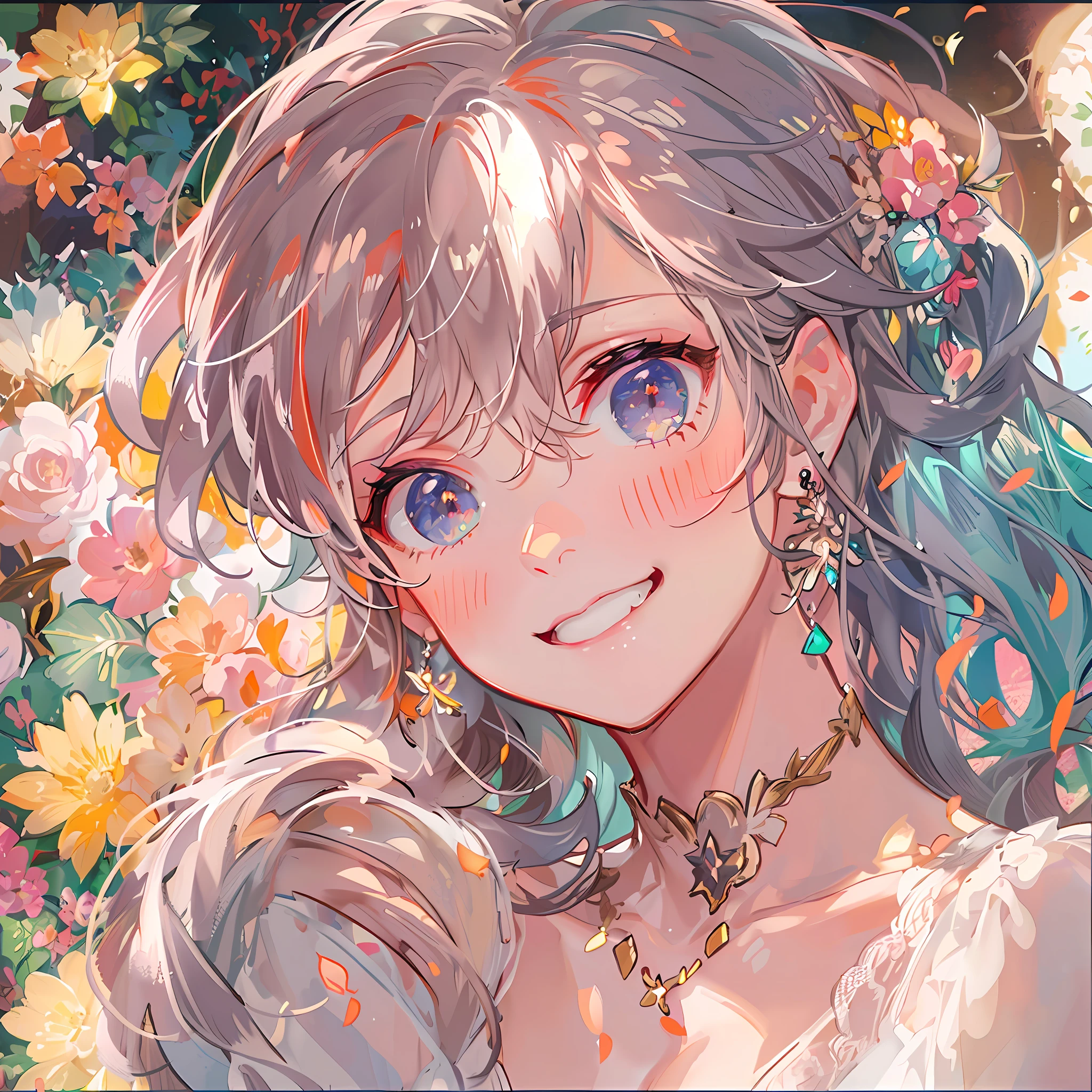 multicolored hair, hair over shoulder, hair spread out, jewelry, mole under eye, color contact lenses, earrings, smile, anime, Romanticism, Ghibli-like colours, anime style, backlighting, bloom, Fujicolor, Canon, UHD, masterpiece, anatomically correct, best quality, textured skin