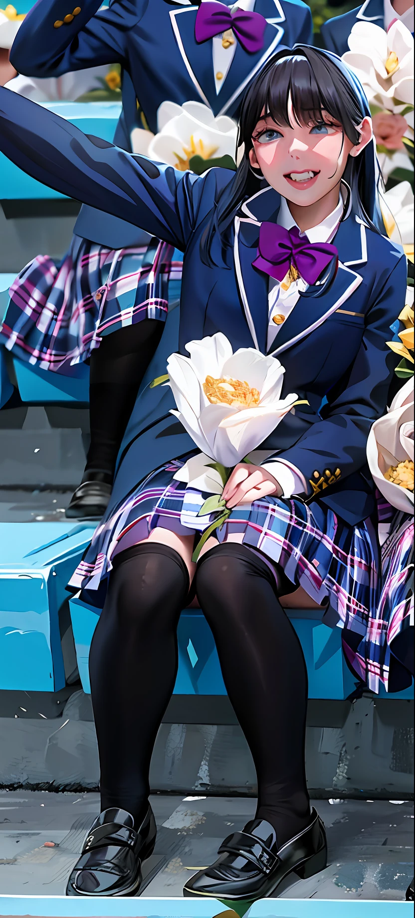 There were many girls in school uniforms sitting in the stands, Holding flowers, Kim Do-young, holding magic flowers, Holding a flower, dressed as schoolgirl, taehyung eating gucci fries, seifuku, wearing a Japanese school uniform, Japanese school uniform, looks sad and solemn, Very emotional, Holding a rose, tzuyu from twice, knees tucked in