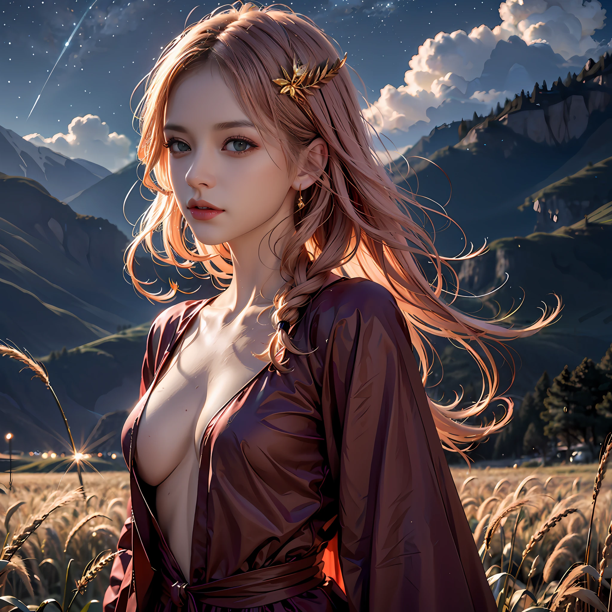 Blonde woman in wheat field with mountain background, Cinematic. author:leng jun, Fantasy art style, trending on cgstation, digital fantasy art ), author:Wang Lei, Beautiful digital artwork, Ross Tran 8 K, Guviz-style artwork, wlop and ross thran, chengwei pan on artstation, by Yang J