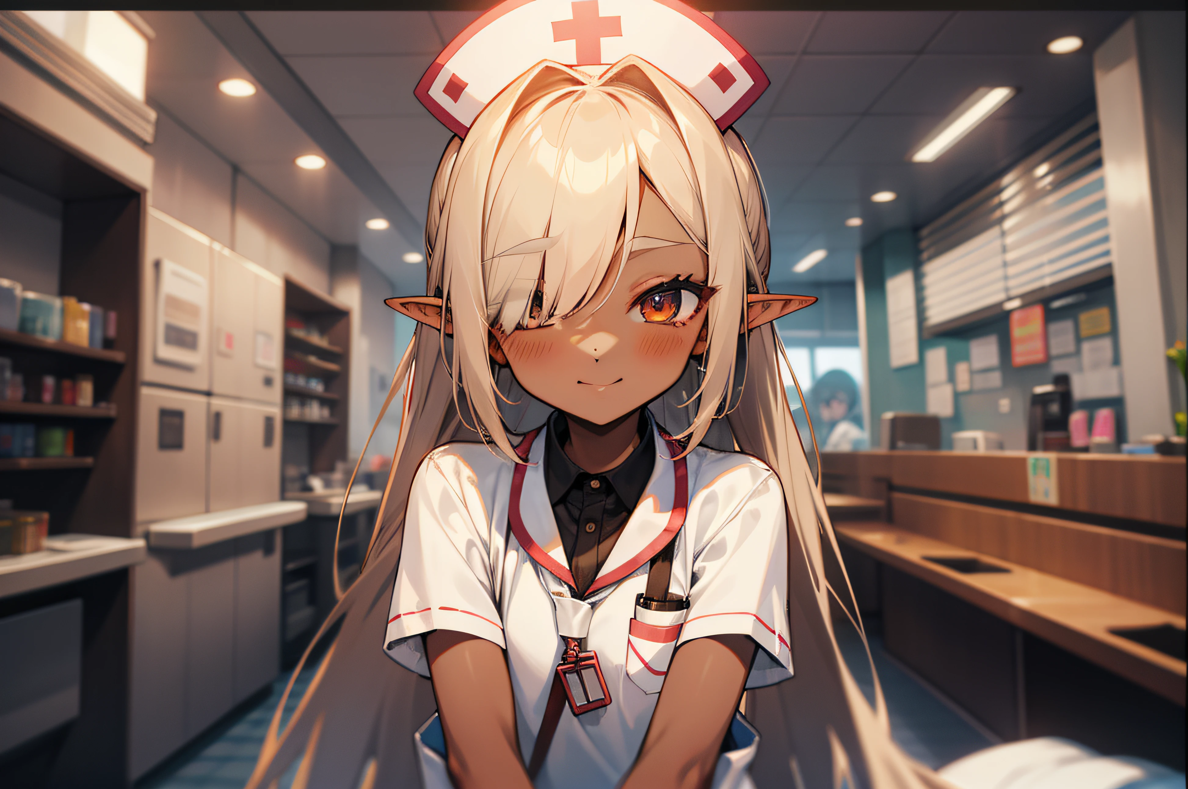 (darkskinned、skin tanned、elvish)、(((Hair over one eye、asymmetrical bangs)))、petite girl in、A girl child、very long bangs、straight haired、very long transverse hair、a blond、hospitals、Nurse、blush、closing eye、anime screen cap、Futomo、Have a binder、Stockings、Big Ponytail、a smile
