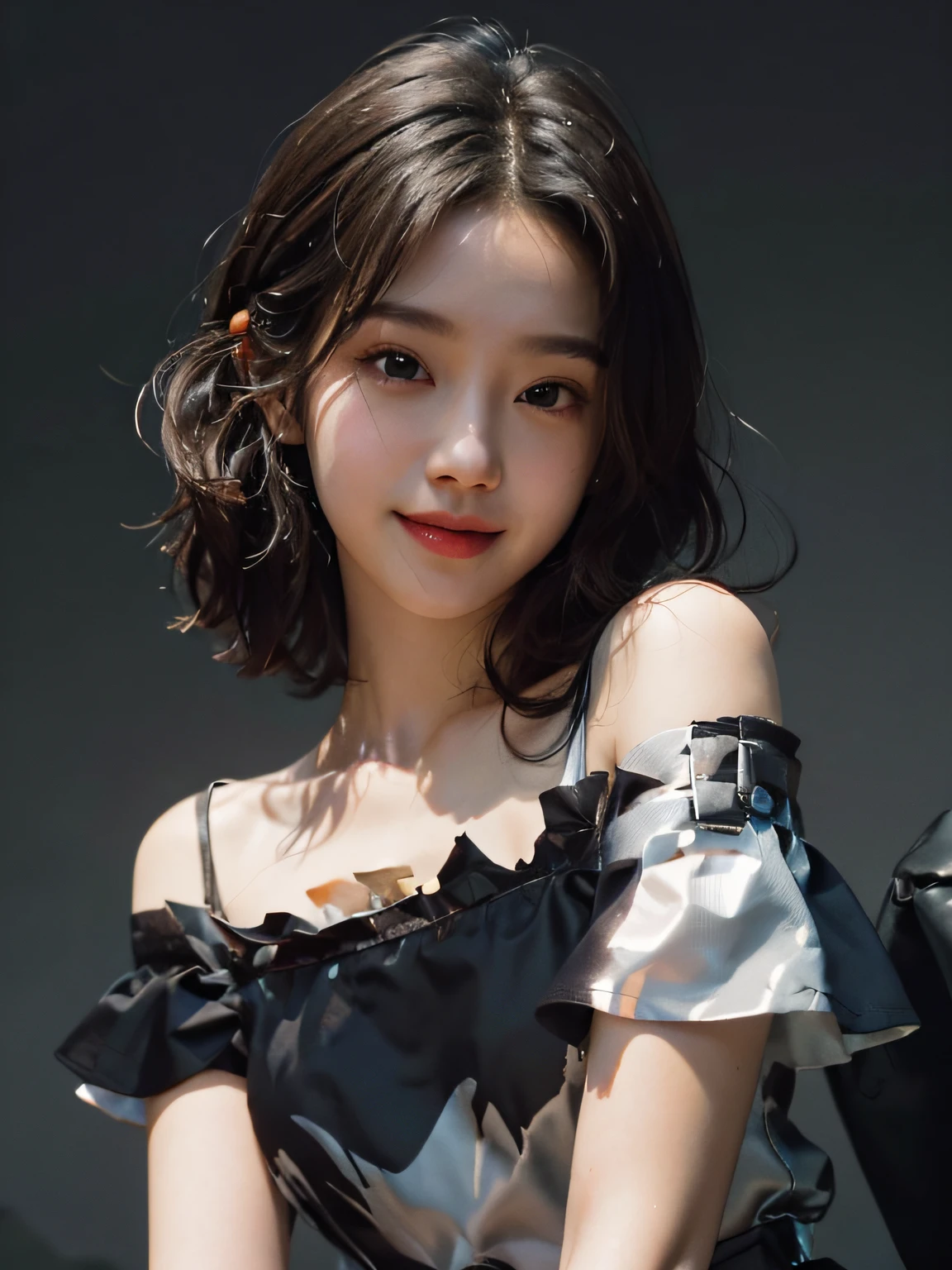 1girl, offshoulder, smile, cute, waist up, deep shadow, in the dark, low key
best quality, masterpiece, (photorealistic:1.4)