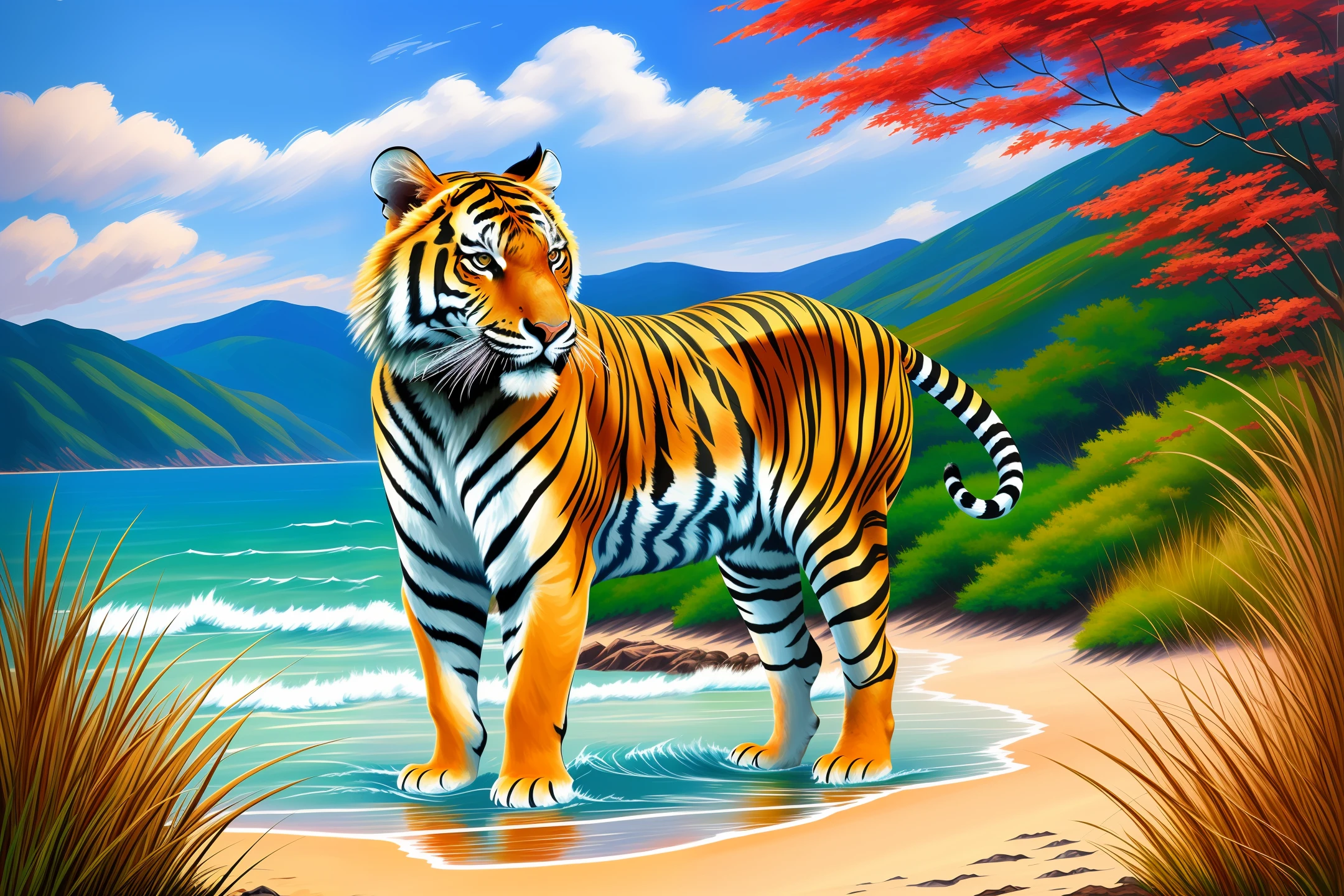 Vibrant and colorful impressionist digital artwork of a tiger with an ocean view. --auto --s2