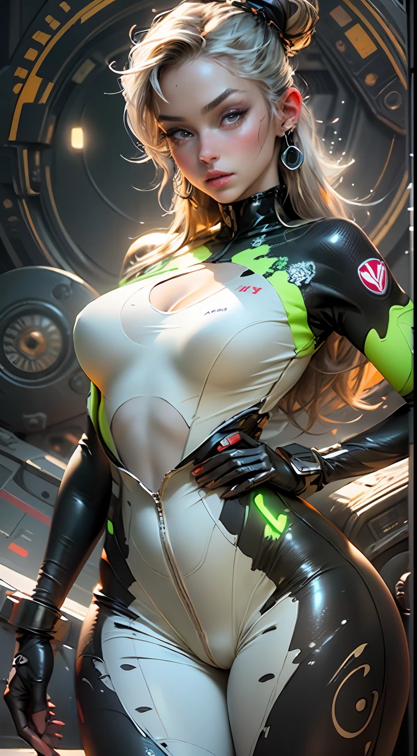 ((best quality)), ((masterpiece)), ((realistic)), (detailed), reflective luminous white:1.5, texture glossy orange:1.3, 1beautiful young woman with sticky jumpsuit (cameltoe), sexy, top to bottom photo, lots of glow neon mushrooms, mandalas, cinematic, sharp, ray tracing, brightness, luminosity