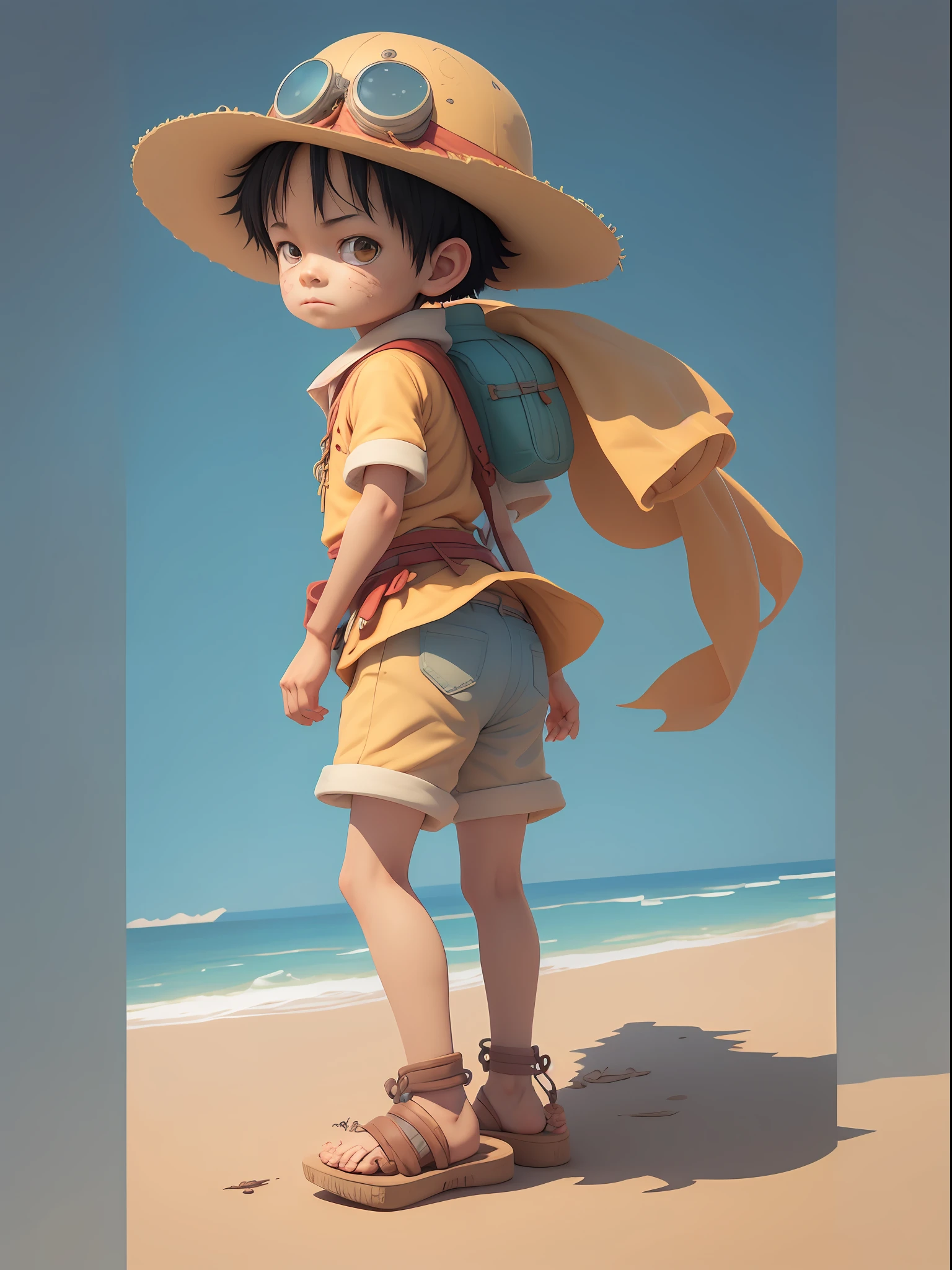 1boy, solo, cute 3d render, cute detailed digital art, male explorer mini cute boy, cute digital painting, stylized 3d render, cute digital art, cute render 3d anime boy, luffy the little pirate looks up, cute! c4d, portrait anime sea pirate boy, he is wearing an open long-sleeved red cardigan with four buttons, with a yellow sash tied around his waist, blue shorts with cuffs, sandals, set on the beach, there is a house, and a fishing boat