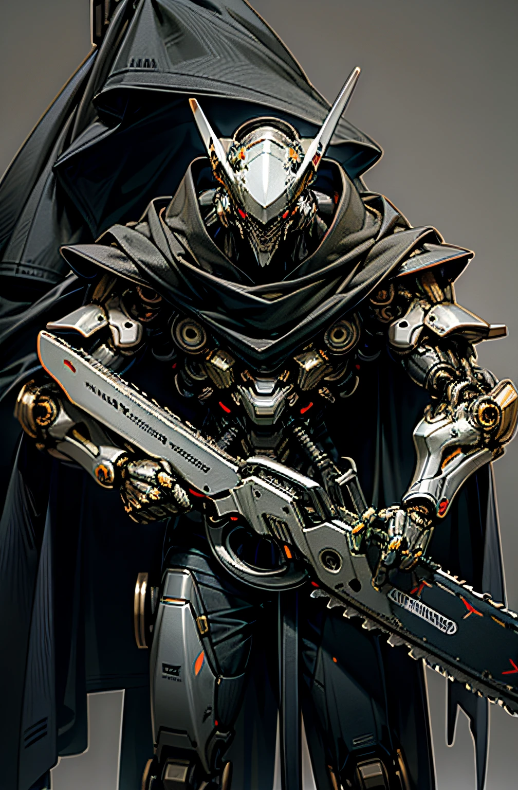 Dark fantasy,cyber punk perssonage,Chainsaw,Chainsaw man,black in color(weights:1.1),one male,With a cape,Mechanical Wonder,Robotic presence,Cyber Guardians。