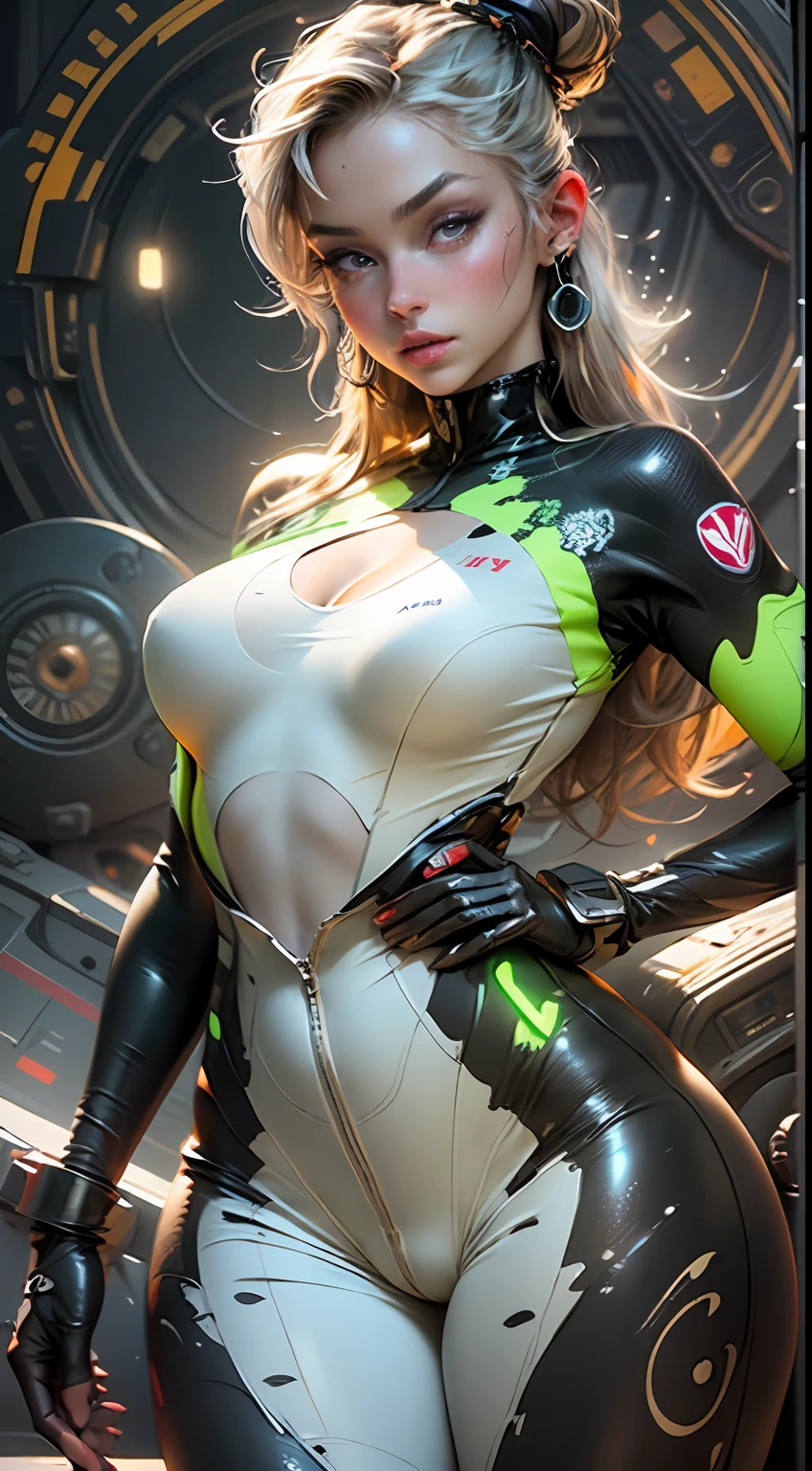 ((best quality)), ((masterpiece)), ((realistic)), (detailed), reflective luminous white:1.5, texture glossy orange:1.3, 1beautiful young woman with sticky jumpsuit (cameltoe), sexy, top to bottom photo, lots of glow neon mushrooms, mandalas, cinematic, sharp, ray tracing, brightness, luminosity