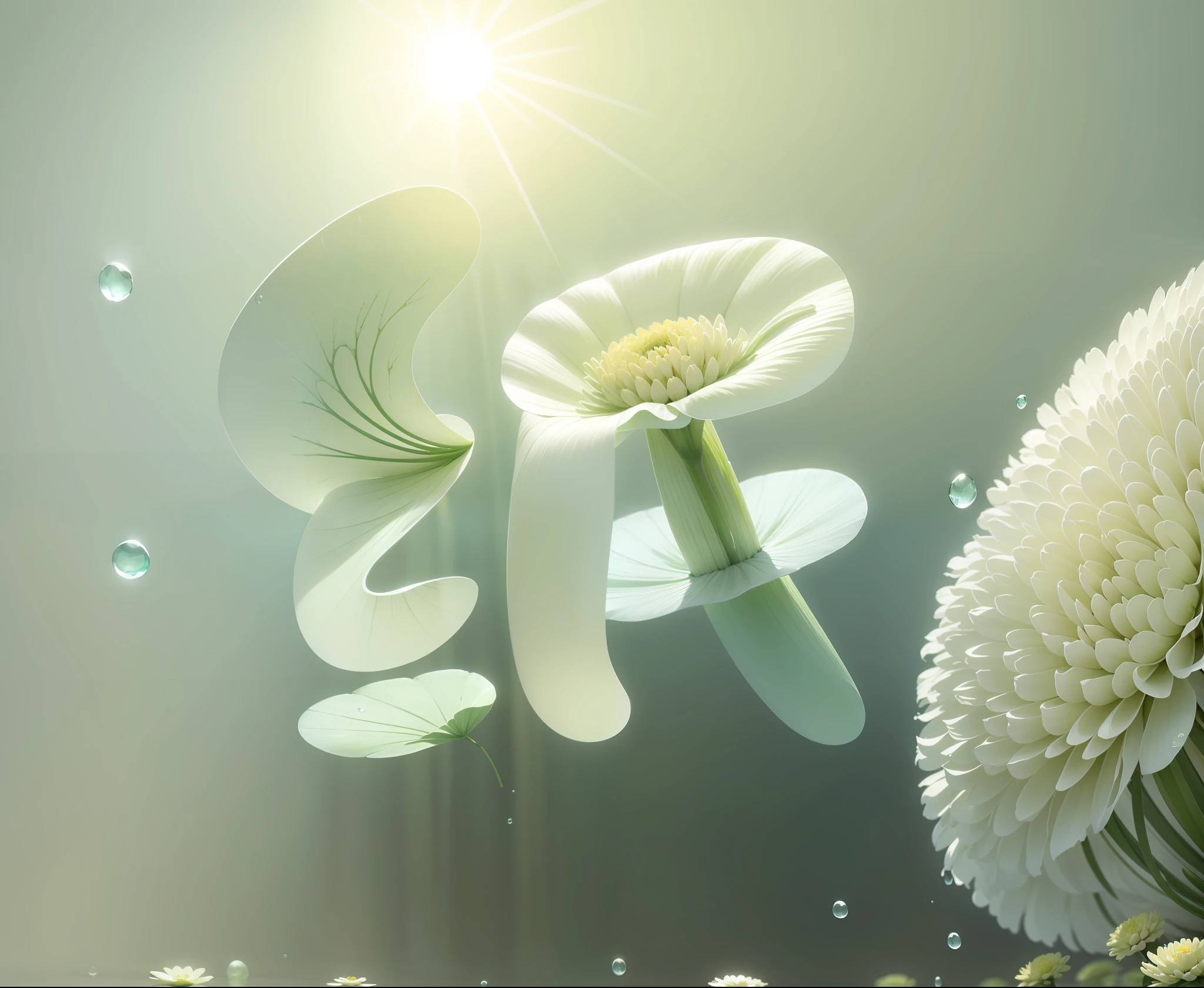 White roll paper, moist wet tissue, green leaves, water drops, small chrysanthemums, surrounded by soft, translucent water column, sunlight shining on the edge, Baby blue pure background, Surrealism style, ultra-high detail, 3d rendering, 8k resolution