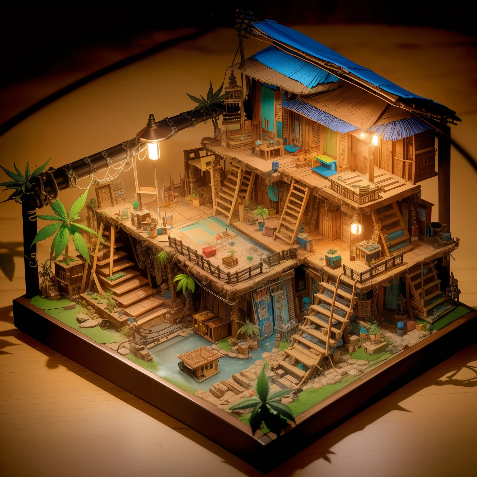 mini\(ttp\), (8k, RAW photo, best quality, masterpiece:1.4),(javapunk:1.5),Lots of connecting pipes,(balipunk:1.5),(cannabispunk light:1.2),on desk,in a miniature box,isometric, miniature, landscape on foundation