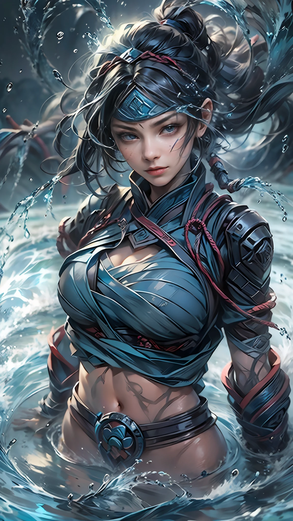 1 female Ninja,upper body,topless,Anatomically correct,(yushui,her body is Surrounded by water,water,stream,water ring:1.3),(high quality,extremely detailed,8k)