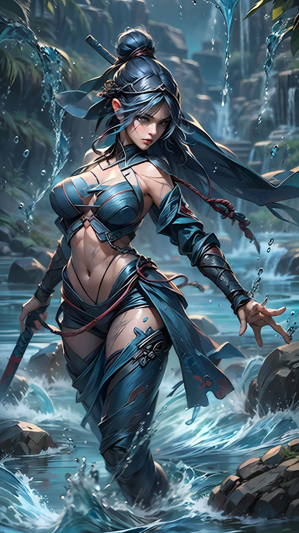 1 female Ninja,upper body,topless,Anatomically correct,(yushui,her body is Surrounded by water,water,stream,water ring:1.3),(high quality,extremely detailed,8k)