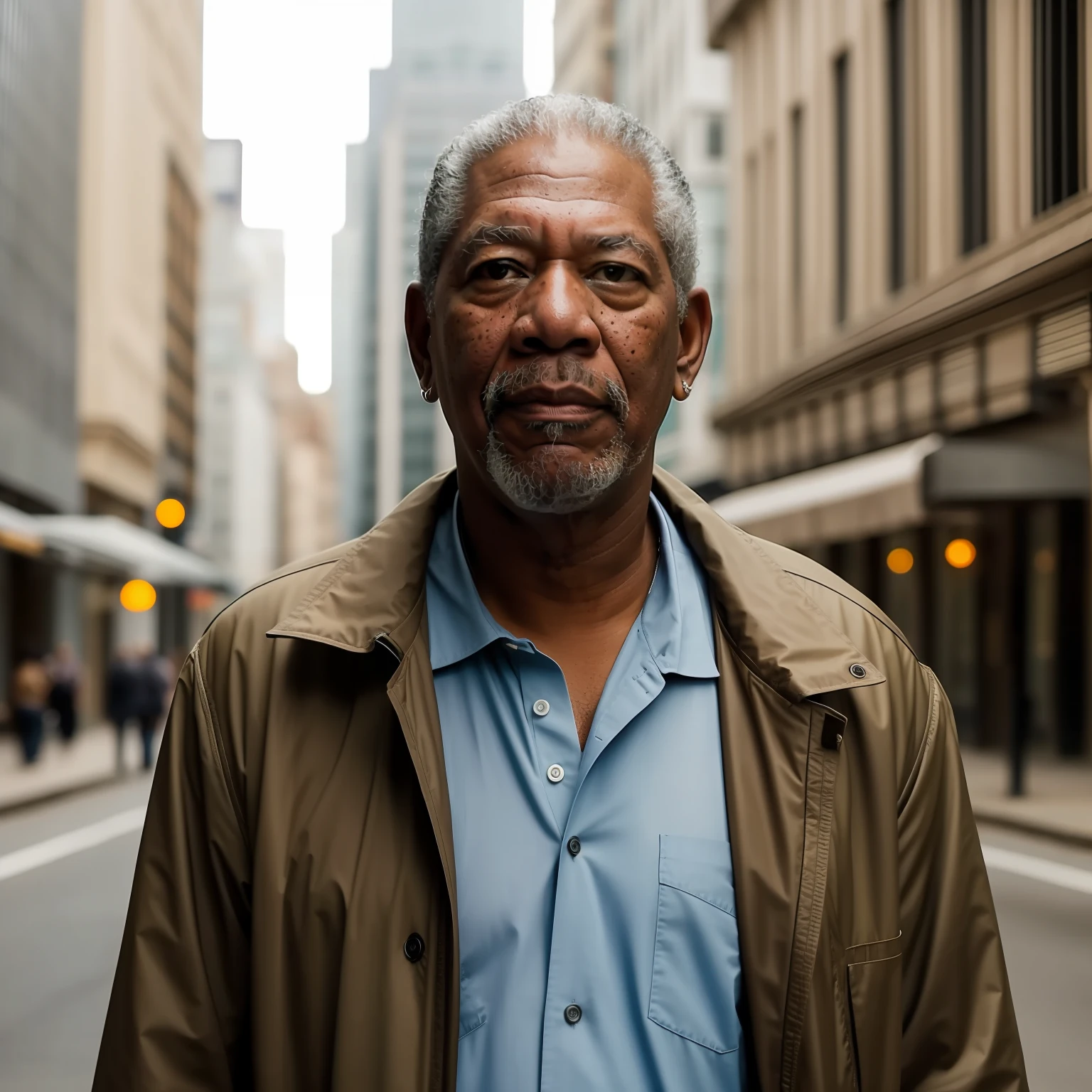 There is a man standing in the street in the city, standing in a city street, foto de um homem, homem andando pela cidade, foto do retrato de um homem velho, cinematic portrayal, Morgan Freeman como Gordon Freeman, Retrato tirado 8 K, foto de retrato detalhada, retrato de alta qualidade,  cinematic headshot portrait, Retrato de Morgan Freeman, homem de meia-idade