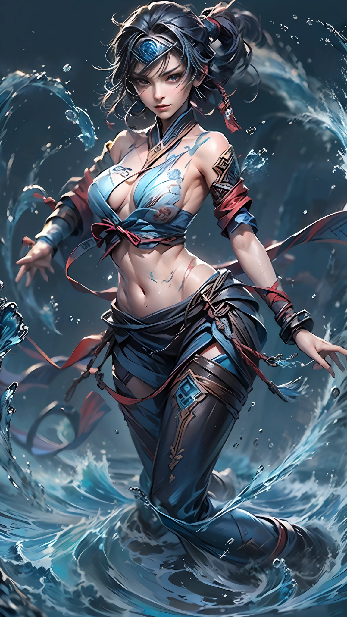 1 female Ninja,upper body,topless,Anatomically correct,(yushui,her body is Surrounded by water,water,stream,water ring:1.3),(high quality,extremely detailed,8k)