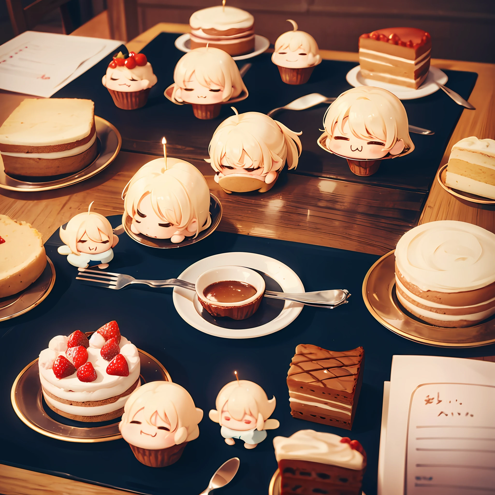 (Cake in the shape of a chibi character), A lot of chibi characters, on the table,