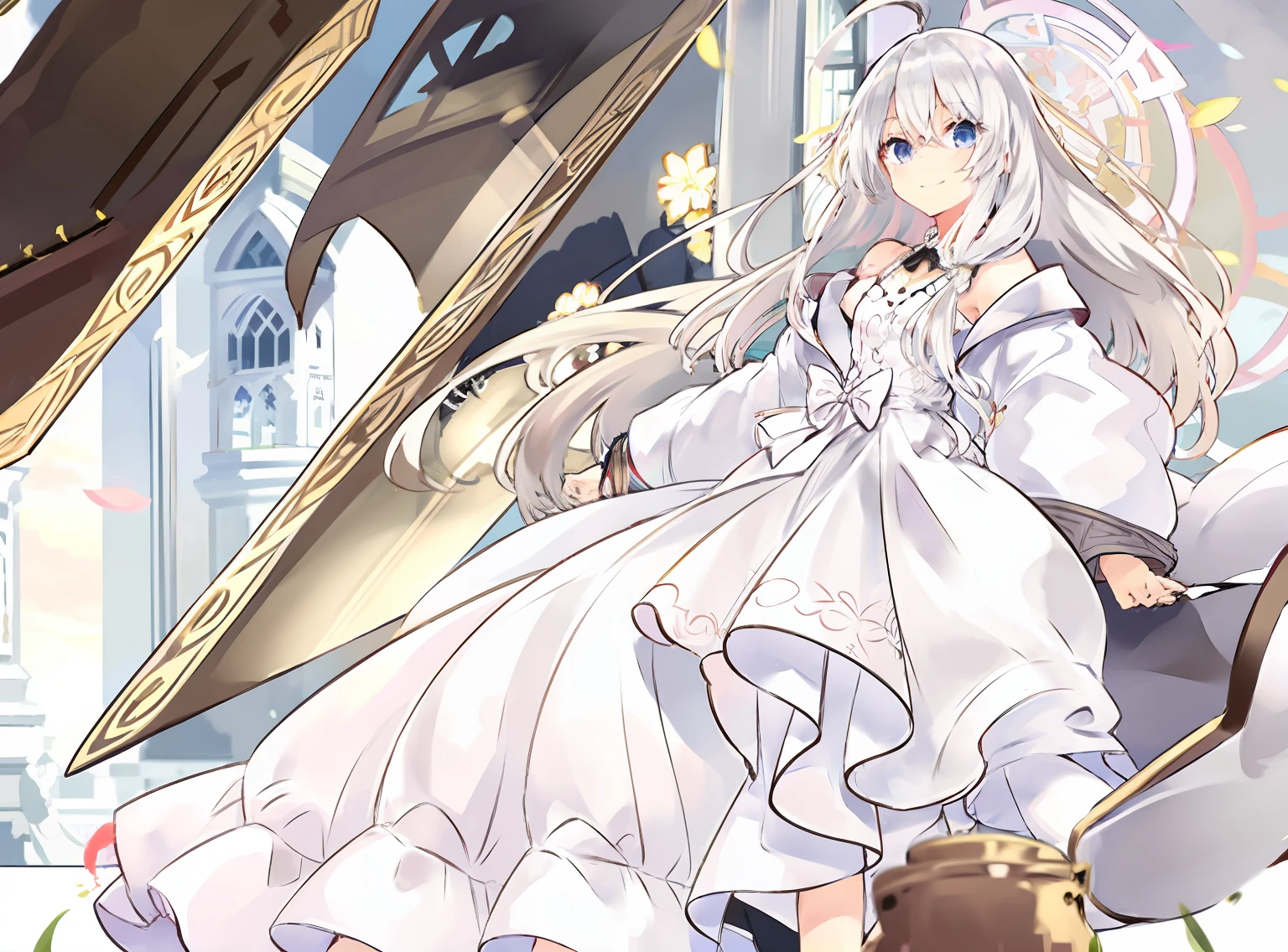 Anime - Stylistic image of a woman in a white dress standing in a room, loli in dress, White dress!! of silver hair, white-haired god, White-haired, white haired Cangcang, wearing white clothes, Girl with white hair, nightcore, white haired lady, cute anime waifu in a nice dress, Flowing white hair, flowing white robe, light grin