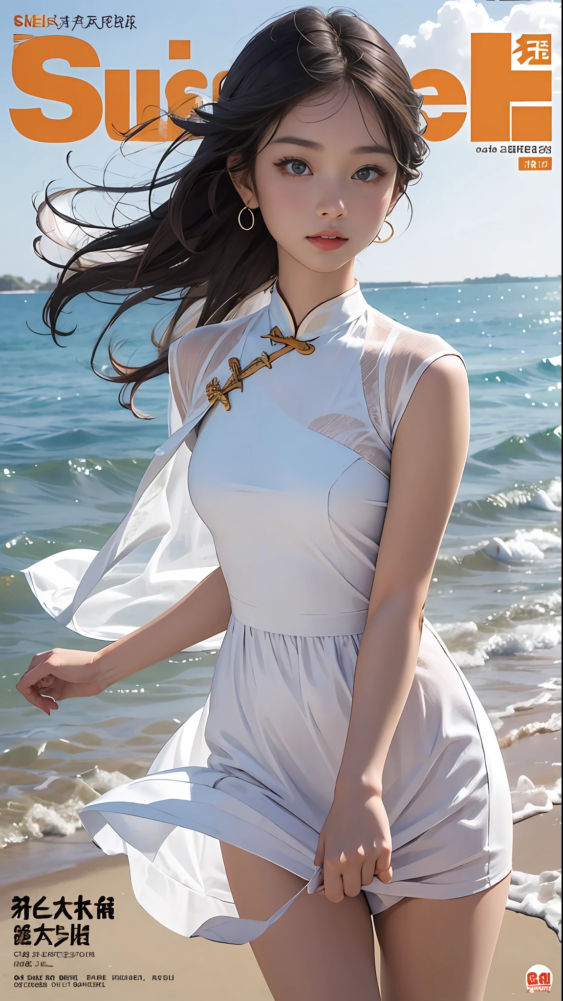 Best quality, Master, A high resolution, 1girll, Super beautiful face, super beautiful eye, Super beautiful hair Super beautiful face，Super beautiful eyes，Super beautiful hair，MagazineCover，beachside，swim wears，clothing design，New Chinese，Clear light yarn