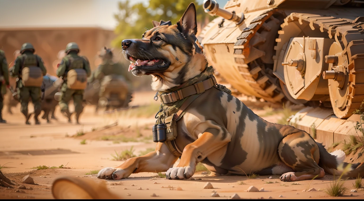 side view, dramatic light, a dog is crawling under a tank, k9, the photo shows a large, intense knowledge, shutterstock, canine, impeccable military composure, afp, marine, special forces security, interesting shot, by Bernard Meninsky, dog, intense moment, intense scene