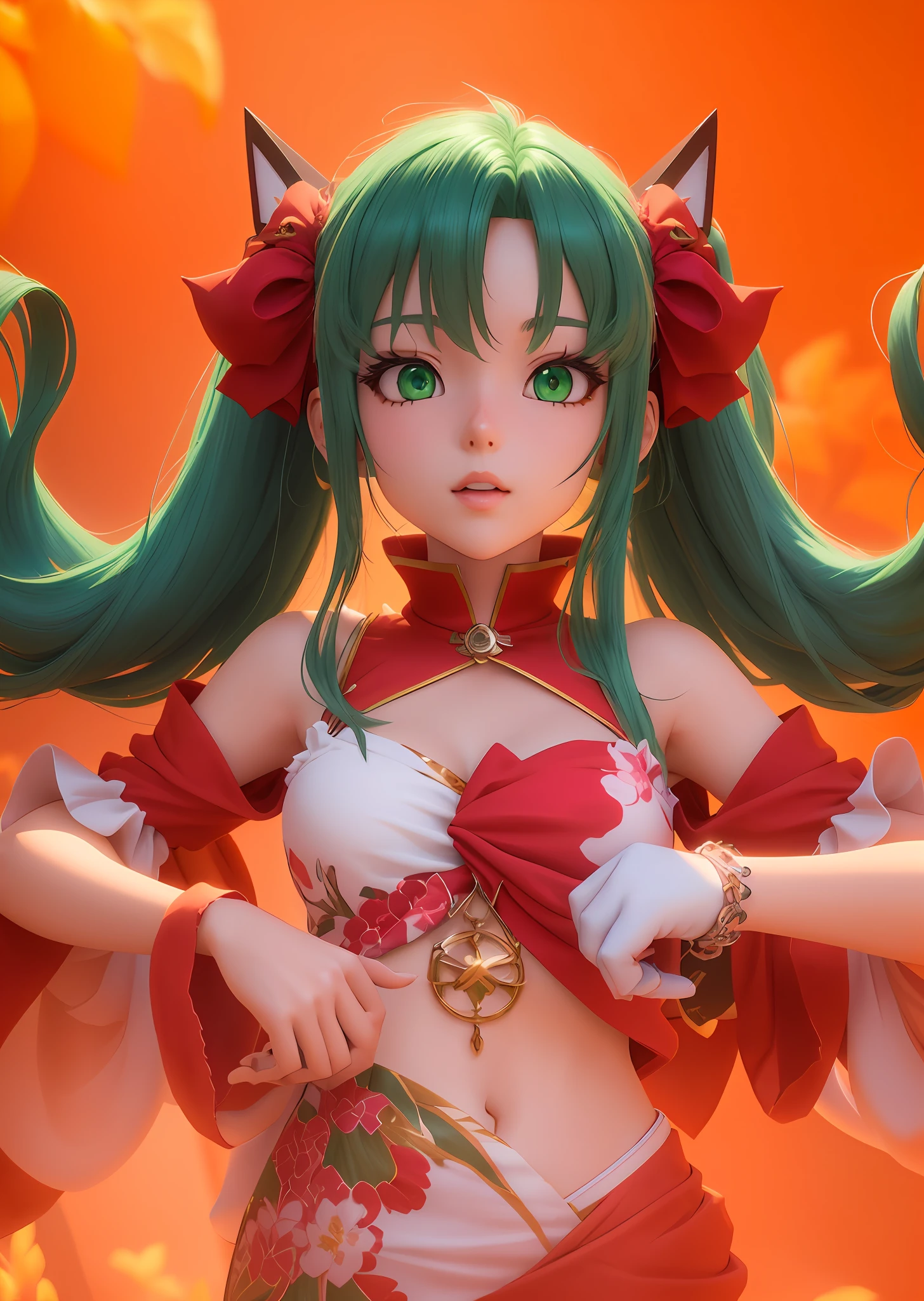 Anime girl with green hair and green eyes is taking pictures, anime styled 3d, render of a cute 3d anime girl, Stylized anime, 2. 5 d cgi anime fantasy artwork, 8k high quality detailed art, 4 k octan render, Detailed Digital Anime Art, 3d anime girl, anime highly detailed, 3 d render character art 8 k