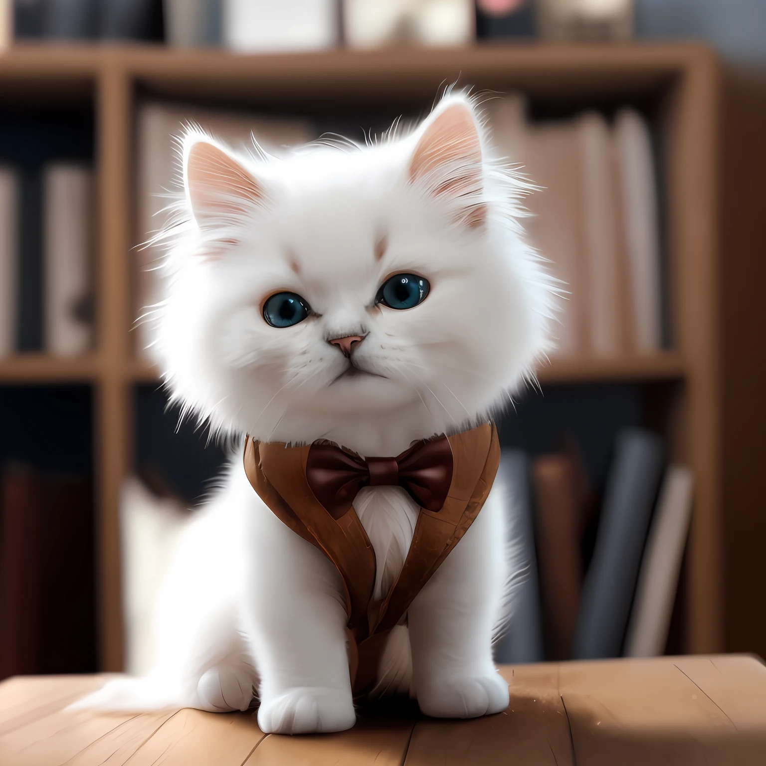 Fluffy cute white kitten dressed in a brown vest, bow-tie. accessorized like a science cat on a wooden desk. 8K masterpiece RAW