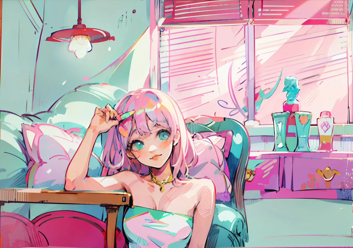 Caricature of a woman sitting in a bedroom chair, drawn in anime painter studio, made with anime painter studio, lofi-girl, in the art style of 8 0 s anime, sitting in her room, ; visual novel, Soft anime illustration, lofi girl aesthetic, art deco outrun anime aesthestic, aya takano color style, Retro anime girl