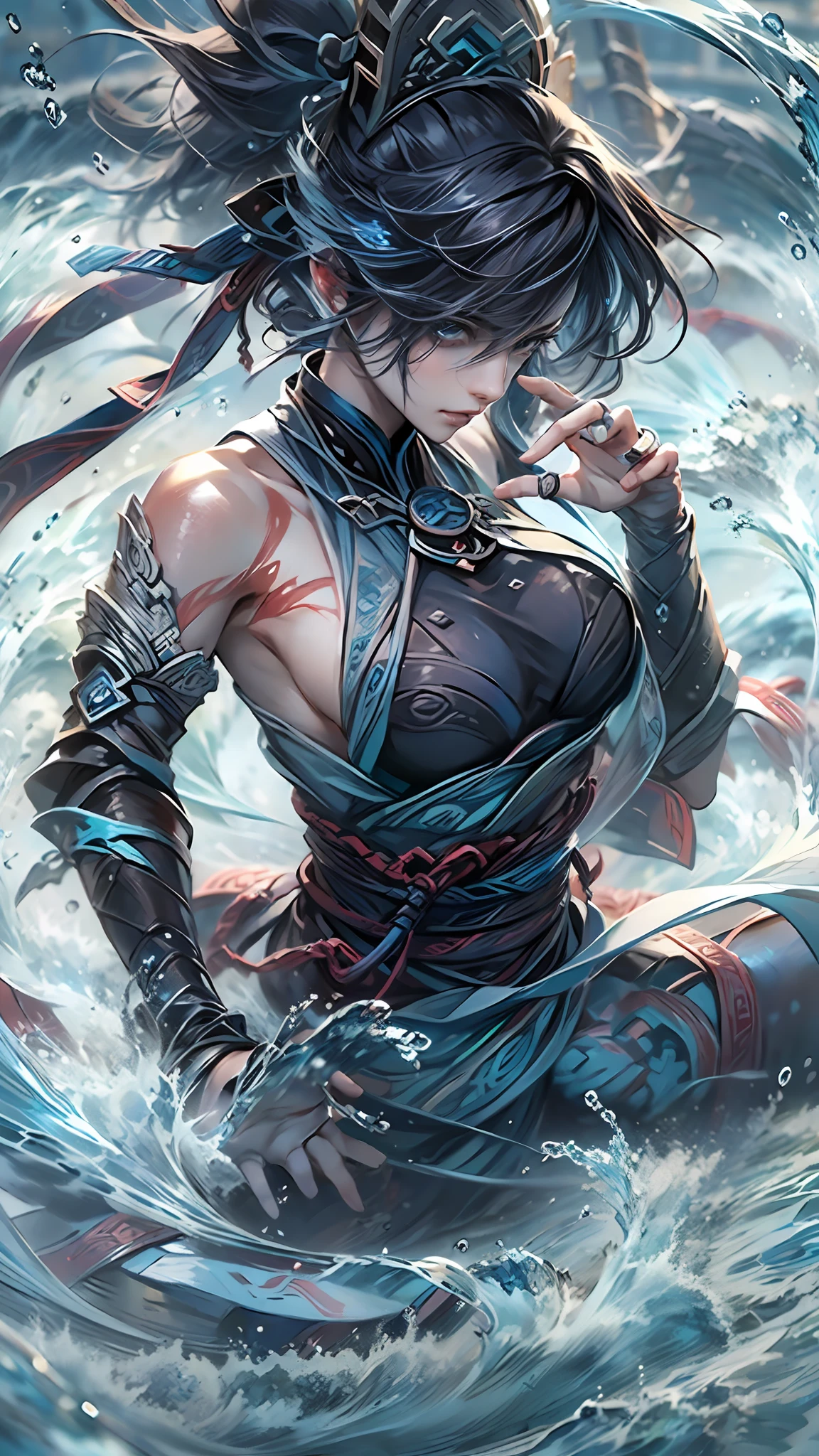 1 female Ninja,upper body,topless,(yushui,her body is Surrounded by water,water,stream,water ring:1.3),(high quality,extremely detailed,8k)