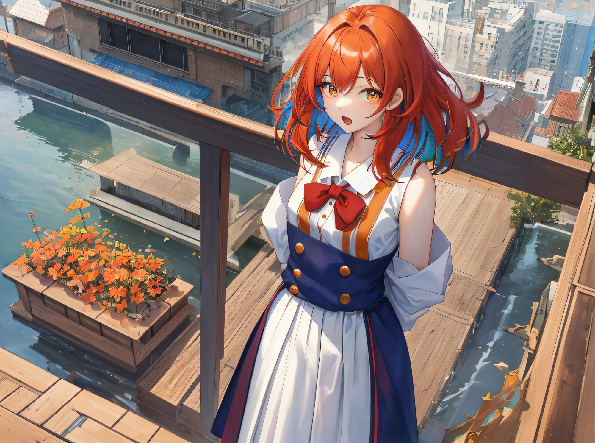 hyper detailed illustration ,superfine illustration, ((((masterpiece)))), High quality, very_high_resolution, Large_filesize, fulcolor ,Very cute and beautiful girl,Very cute and beautiful anime face and eyes, Very delicate eyes,eye shadow,Female, 年轻,20 years old, Medium Hair, Solo, 1 girl, pale skin , ((Waist to head)), multicolored hair、Red and orange hair、cute school uniform、((yawns))、 small tits, (((arms behind back))), watercolor paiting、Beautiful background、Fantastic background、On the rooftop、schools