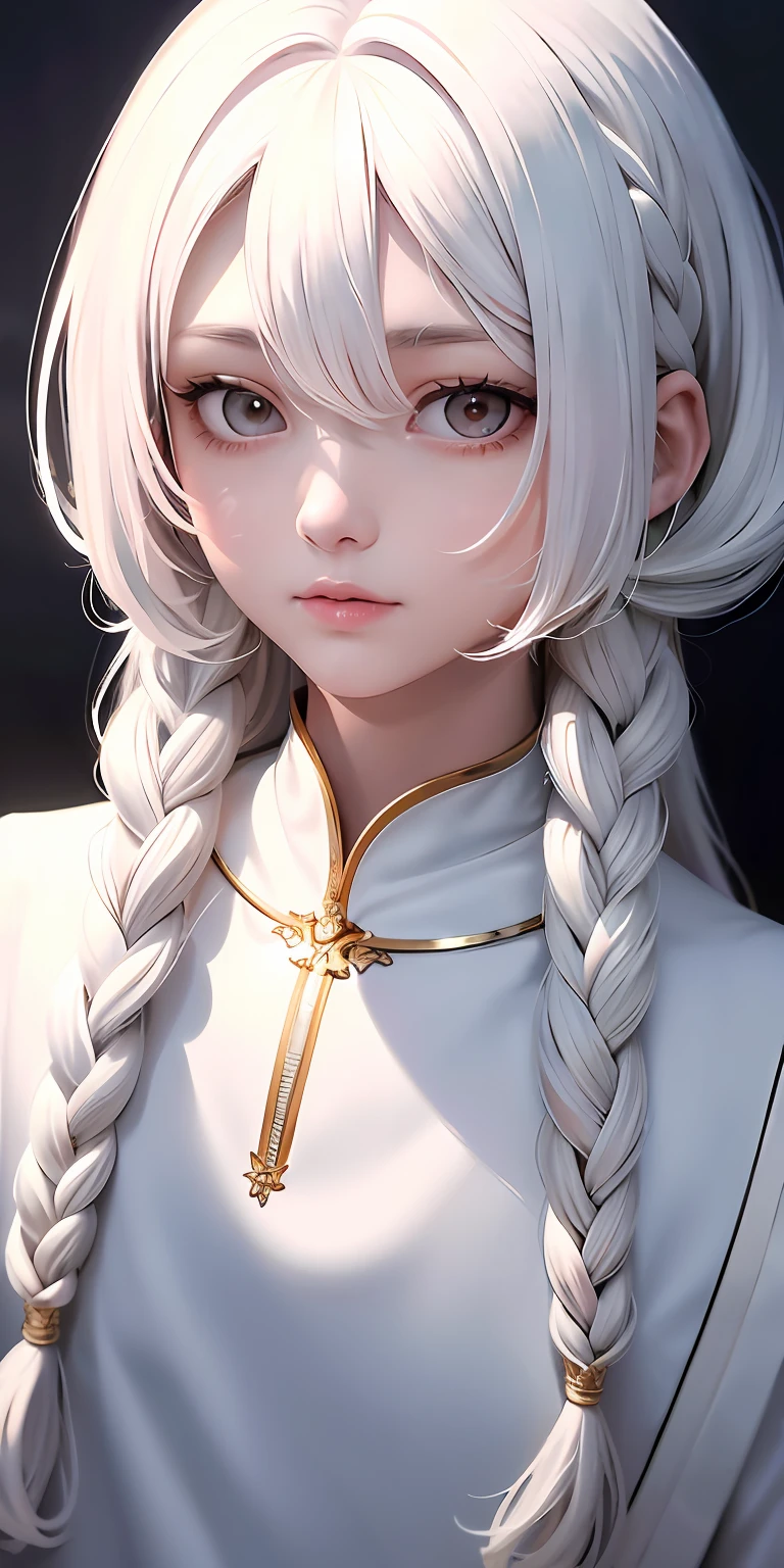 best quality, masterpiece,white hair, gold eyes,white clothes, looking up, upper body,hair strand,Fair skin,side braids