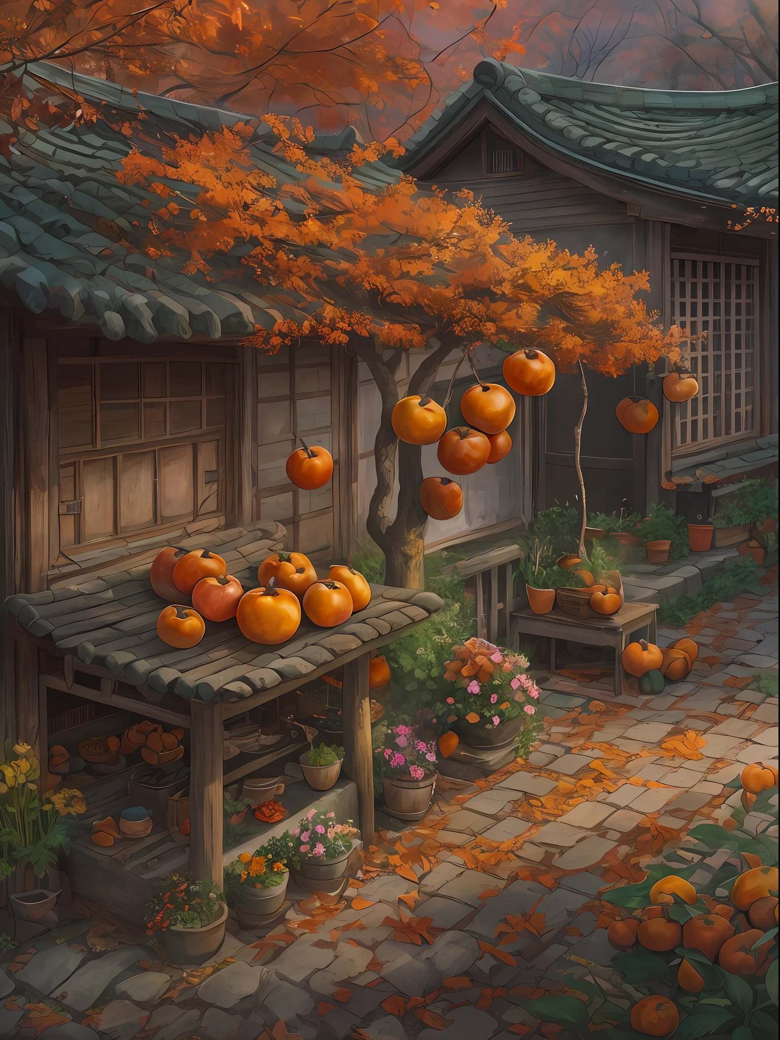 Chinese countryside in the 80s，tile-roofed house，It has a sense of age，Warm late autumn colors，Wooden table and chairs in the courtyard，There are fruit plates on the table，It is surrounded by flowers and plants，There are trees and flowers around，A beautiful artwork illustration，landscape artwork，autumnal，Morning，There is a persimmon tree，It is covered with red persimmons，Lens wide angle，Faraway view，Works of masters，Anime background art，ghibli studio art，