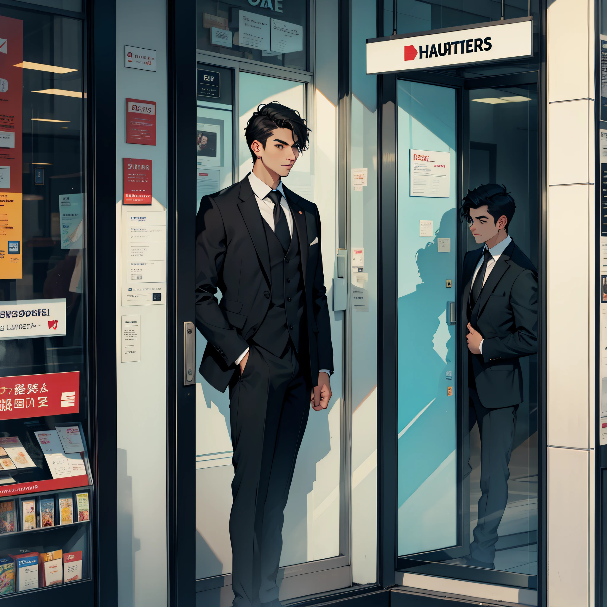 A young man with short black hair in a black suit was standing at the bank window