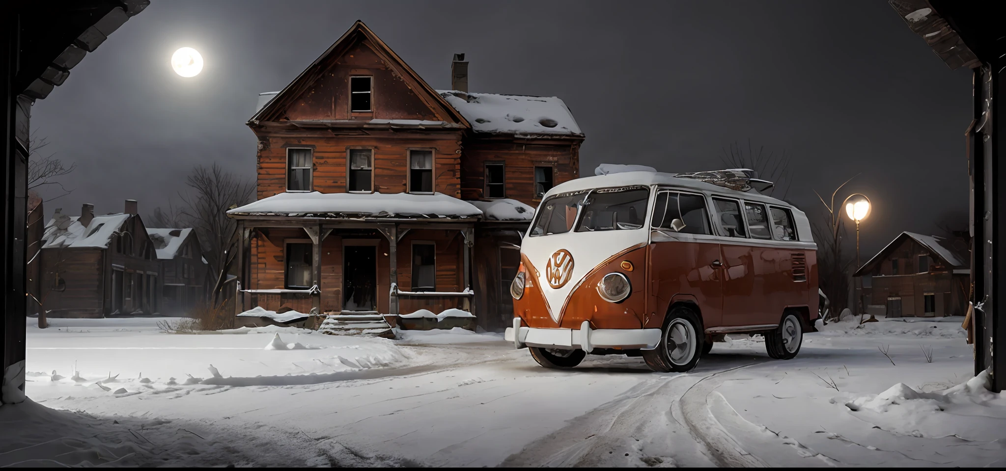 analog gloomy photo of an (orange) volkswagen kombi,  ((haunted house:1.0)), (walking dead:1.0), zombie apocalypse, (abandoned town at (midnight)), (full moon), (winter), (snow), ((horror movie)), ((nighttime)), lost in the wood, ruins, dilapidated buildings, High Detail, Sharp focus, (photorealism), realistic, best quality, 8k, award winning, dramatic lighting, epic, cinematic, masterpiece, rim light, ambient fog:1.5, dutch angle,