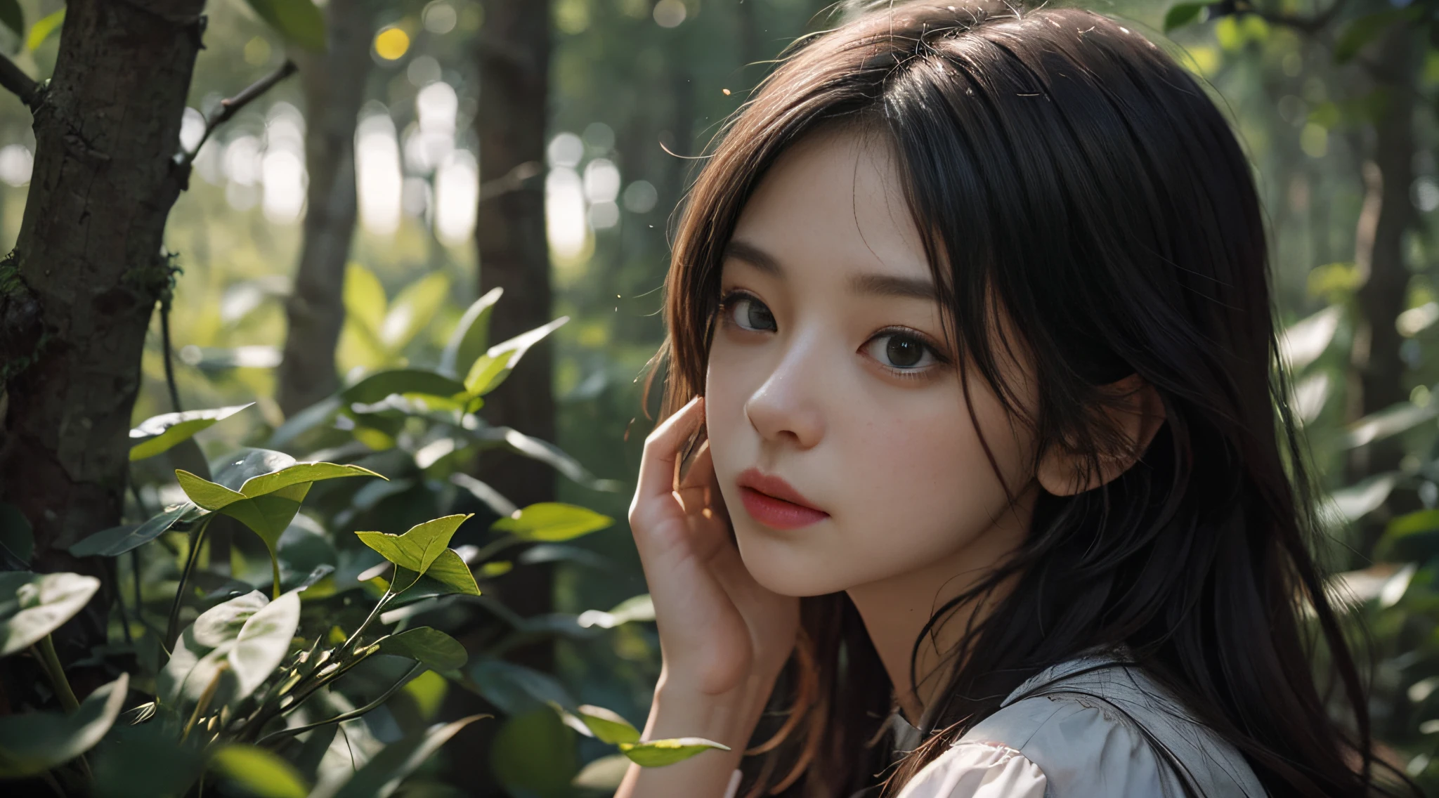 ln the forest,hillside,Quiet,Rustic,High-definition detail、hyper-detailing、cinematic ligh、ultra-realistic realism、Soft light、Deep field focus bokeh、